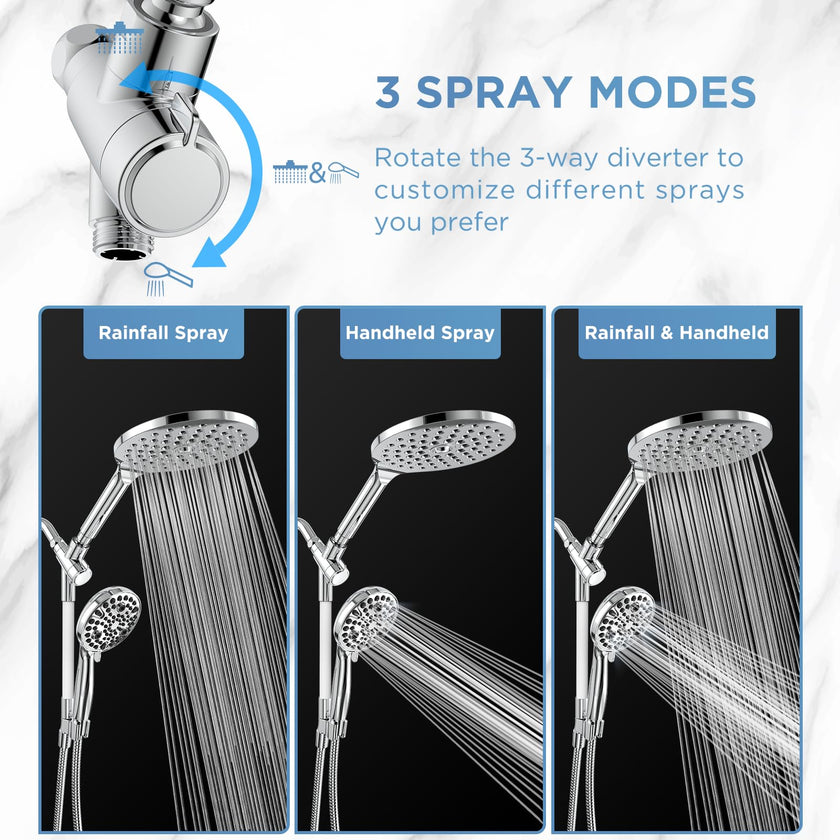 MakeFit Rain Shower Heads System, 3-Spray Dual Shower Head with Solid Brass Adjustable Bar, Rainfall Showerhead with 10 Settings High Pressure Handheld Spray, Buit-in Power Wash Mode (Chrome) 🍁 All In One Marketplace Canada