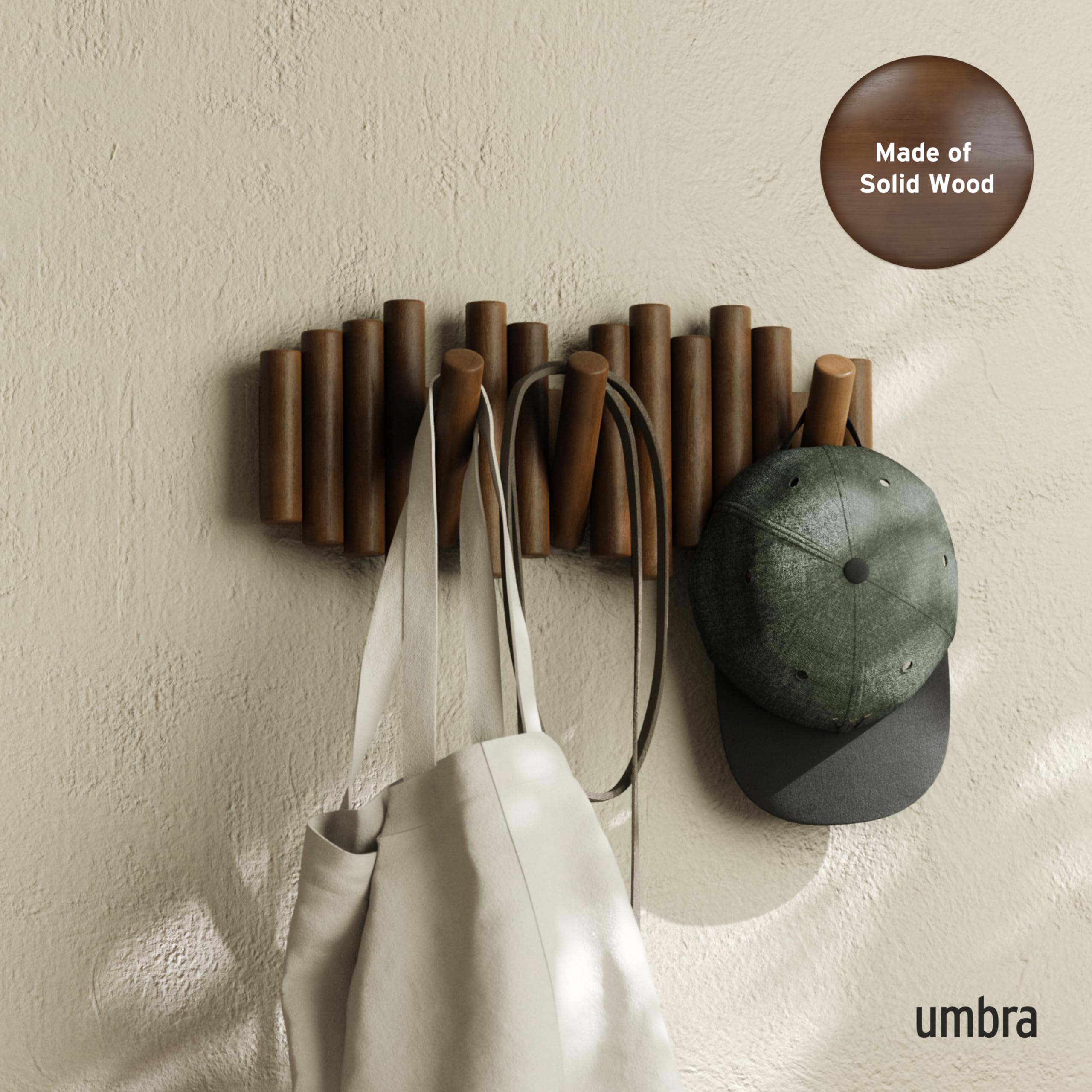 Umbra Picket Wall-Mounted Coat Rack Rail Hook with 5 Retractable Wood Pegs – Modern, Space-Saving Storage Organizer, Walnut 🍁 All In One Marketplace Canada