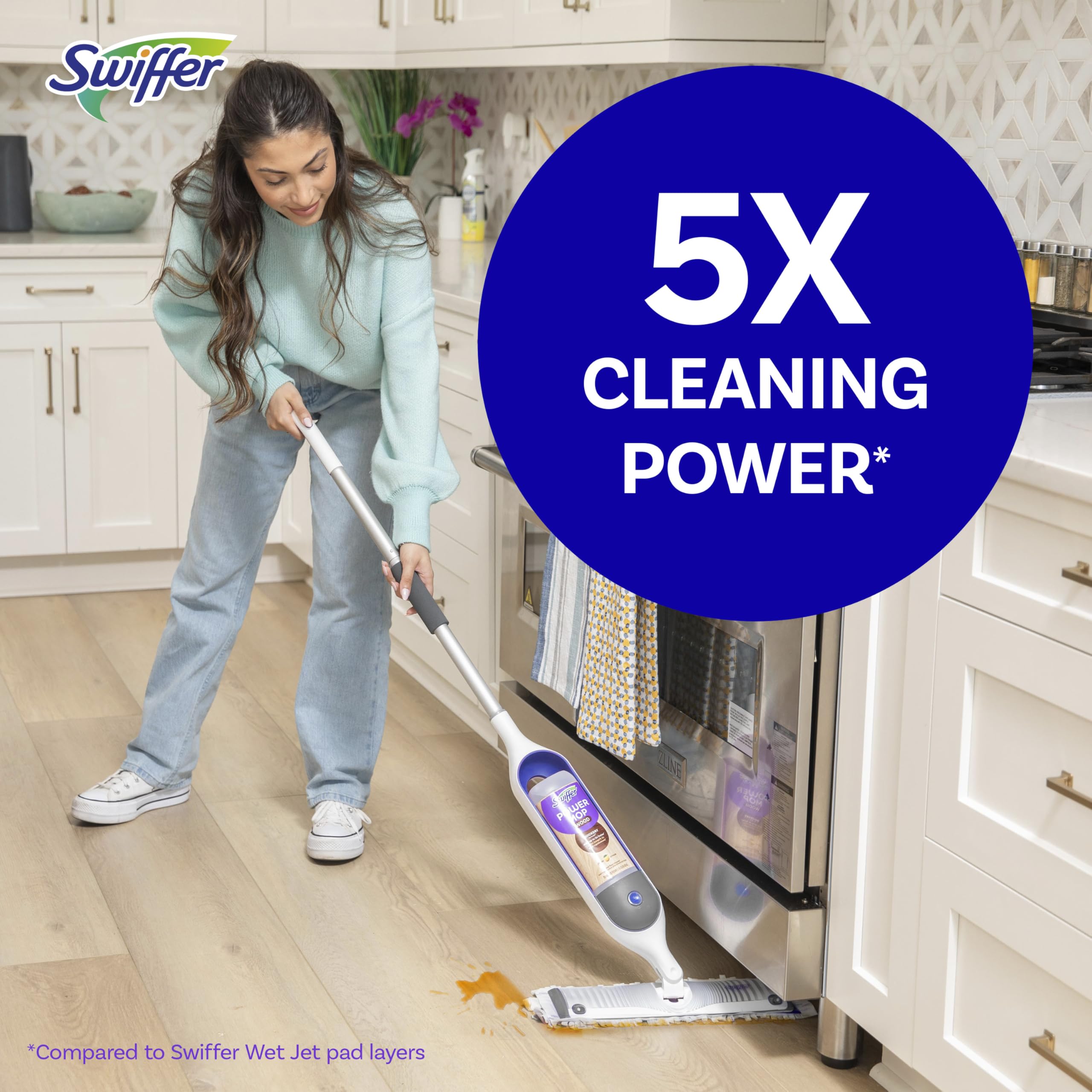 Swiffer Power Mop Wood, Hardwood Floor Cleaner for Mopping Home, All Purpose Multi-Surface Cleaning Set Includes PowerMop Wood, 2 Pads, 1 Quickdry Lemon Solution, & 2 Batteries, 5 Count 🍁 All In One Marketplace Canada