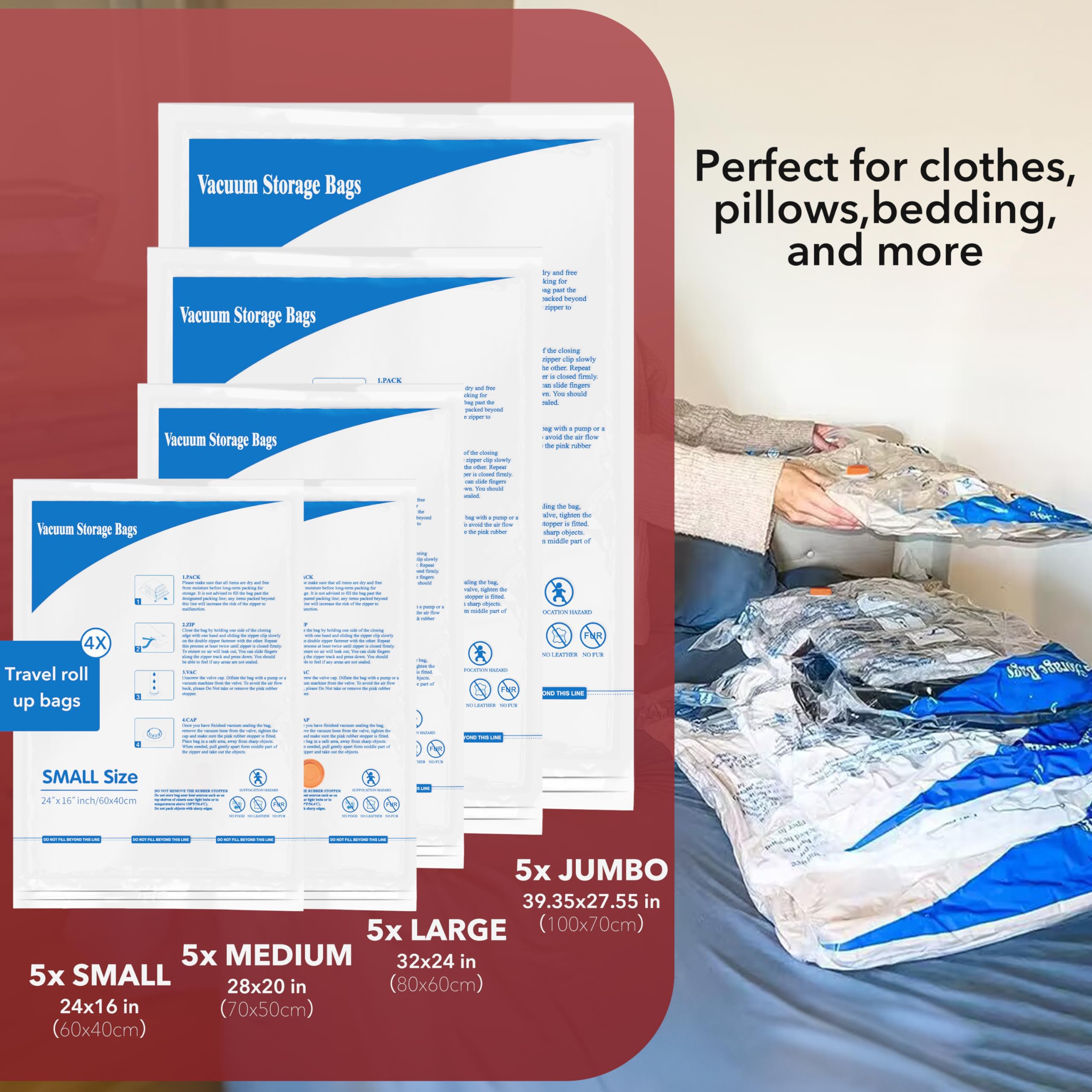 24 Pack Vacuum Storage Bags with Electric Pump (5 Jumbo/5 Large/5 Medium/5 Small/4 Roll), Plastic Packaging Bags,Space Saver Sealer Bags for Clothes, Pillows, Comforters, Blankets, Bedding 🍁 All In One Marketplace Canada
