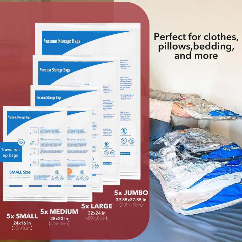 24 Pack Vacuum Storage Bags with Electric Pump (5 Jumbo/5 Large/5 Medium/5 Small/4 Roll), Plastic Packaging Bags,Space Saver Sealer Bags for Clothes, Pillows, Comforters, Blankets, Bedding 🍁 All In One Marketplace Canada