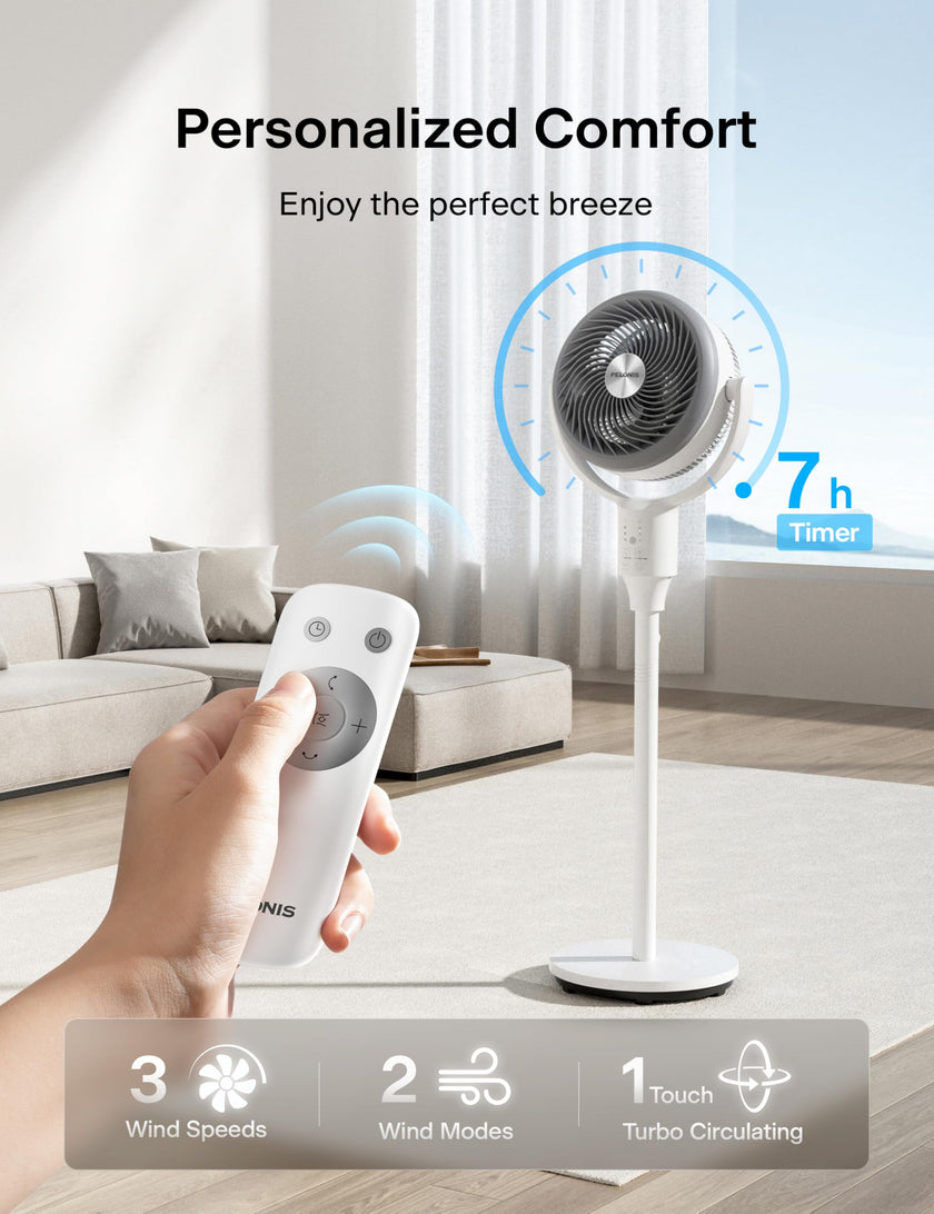 PELONIS Pedestal Fan, Air Circulator, Ultra OmniFlow (135°+90°Auto Oscillation), Quiet Floor Fan with 3 Speeds, Remote, 7H Timer, Memory Function, Adjustable Height, Standing Fan for Bedroom 🍁 All In One Marketplace Canada