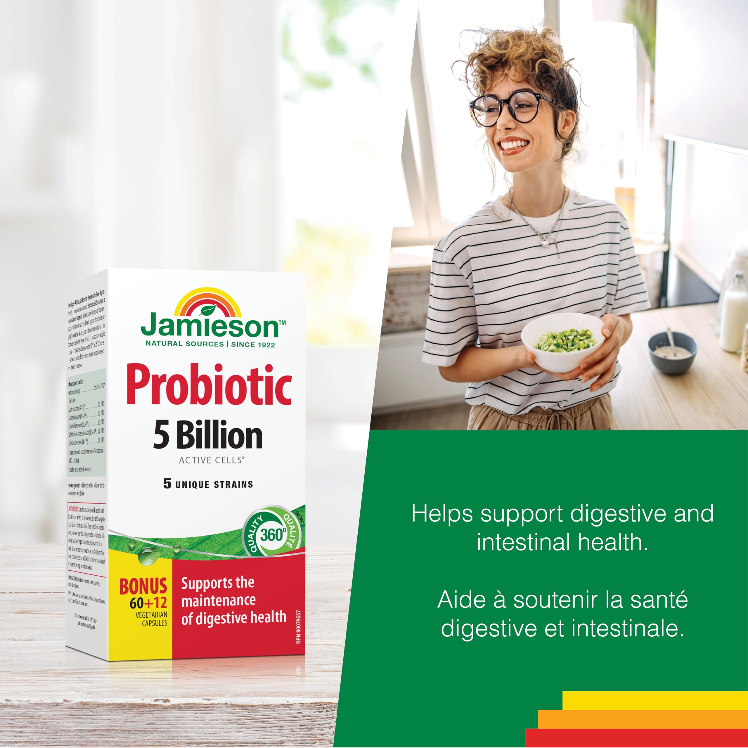Jamieson Probiotic 5 Billion Active Cells, Bonus Size, Supports Digestive Health and Microbial Diversity. 5 Unique Strains, Including Lactobacillus and Bifidobacterium, Non-GMO, Gluten-Free, 72 Vegetarian capsules 🍁 All In One Marketplace Canada