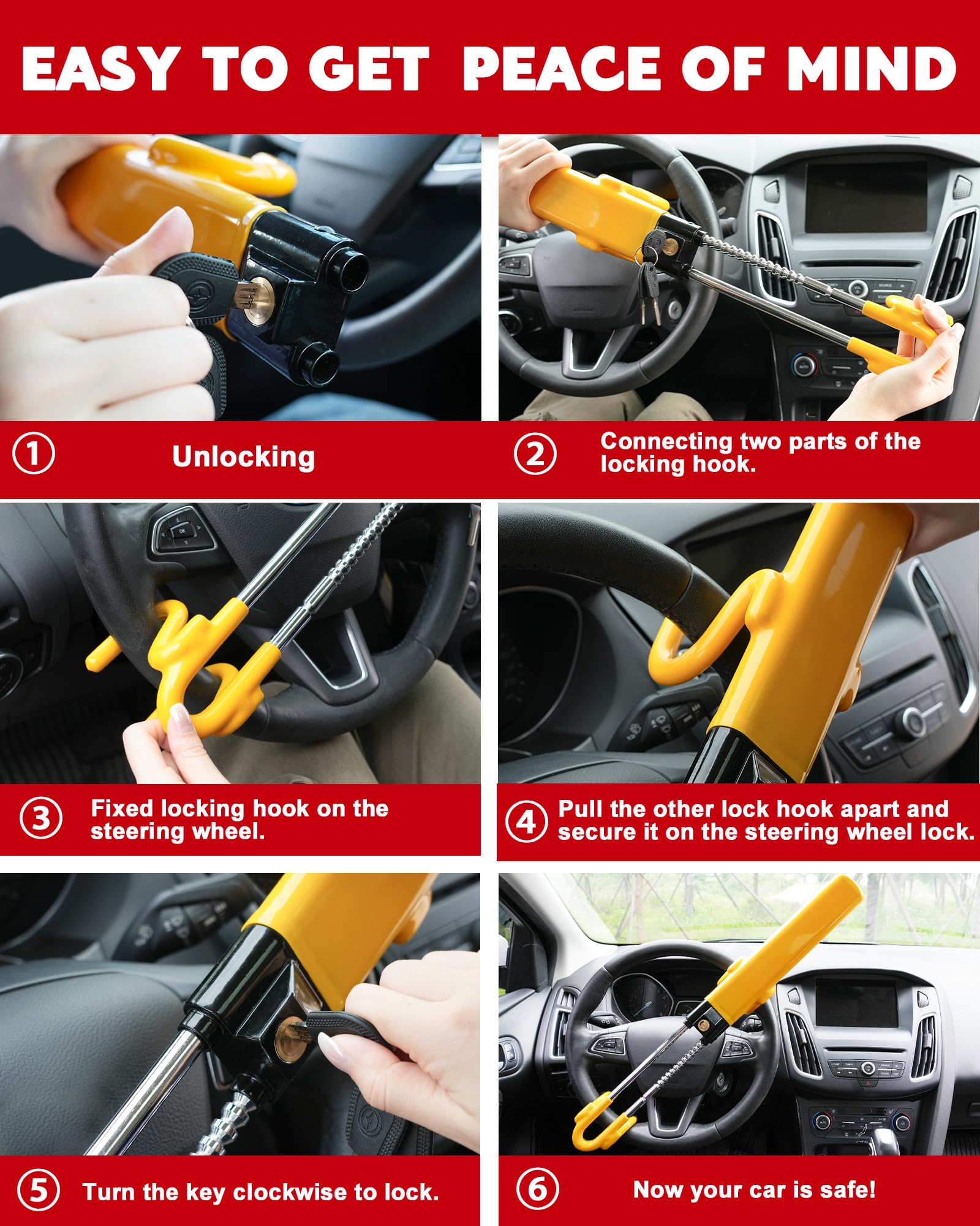 Tevlaphee Steering Wheel Lock Anti-Theft Car Device Heavy Duty Security Car Lock Antitheft Locking Devices Great Deterrent Adjustable Car Wheel Lock Anti Theft for Vehicle Truck with 3 Keys(Yellow) 🍁 All In One Marketplace Canada