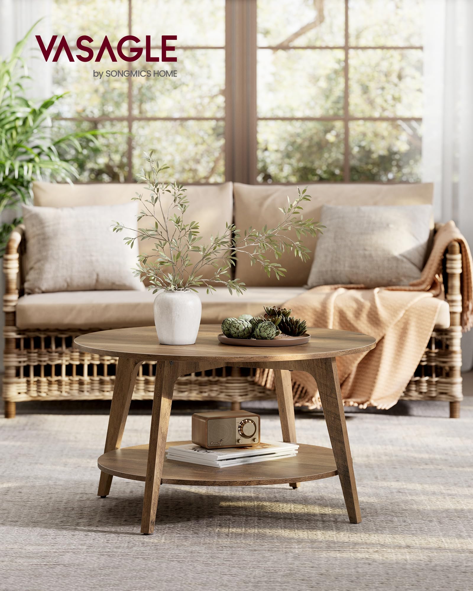 VASAGLE MAEZO Collection - Round Coffee Table, 2-Tier Center Table with Storage, Tapered Legs, Curved Transitions, 80 x 45 cm, Easy Assembly, for Living Room, Honey Brown ULCT243K41 🍁 All In One Marketplace Canada