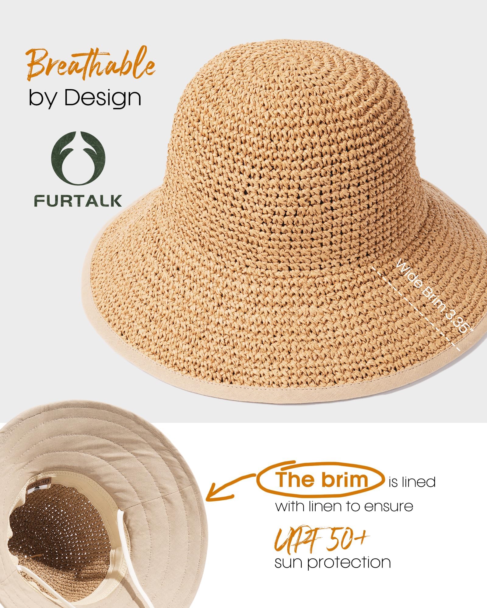 FURTALK Sun Hats for Women Handmade Summer Beach Hat Wide Brim Straw Hat Foldable Packable UPF 50 Crochet Travel Bucket Hat Kahaki 🍁 All In One Marketplace Canada