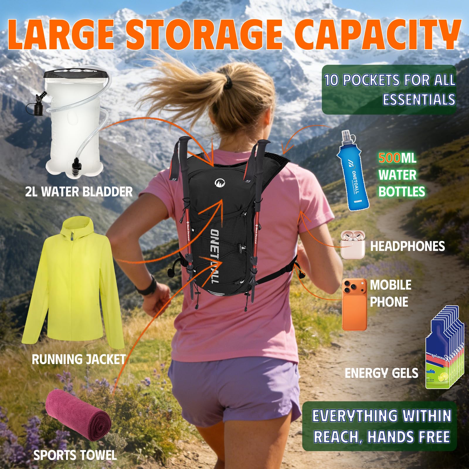 ONETOALL Running Vest for Women & Men, Hydration Backpack 6L - 1x 500ml Flask Included, 16 Reflective Points, Emergency Whistle, Lightweight Breathable for Trail Running, Hiking (Black) 🍁 All In One Marketplace Canada