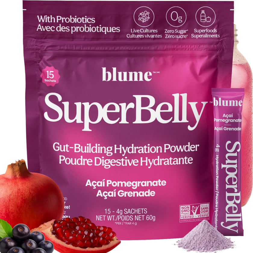 Blume SuperBelly Gut Health + Hydration, Daily Sugar Free Probiotics, Inulin Fiber, and Hydrating Minerals Powder Packets for Digestion Support - Açai Pomegranate, 15 Sticks 🍁 All In One Marketplace Canada