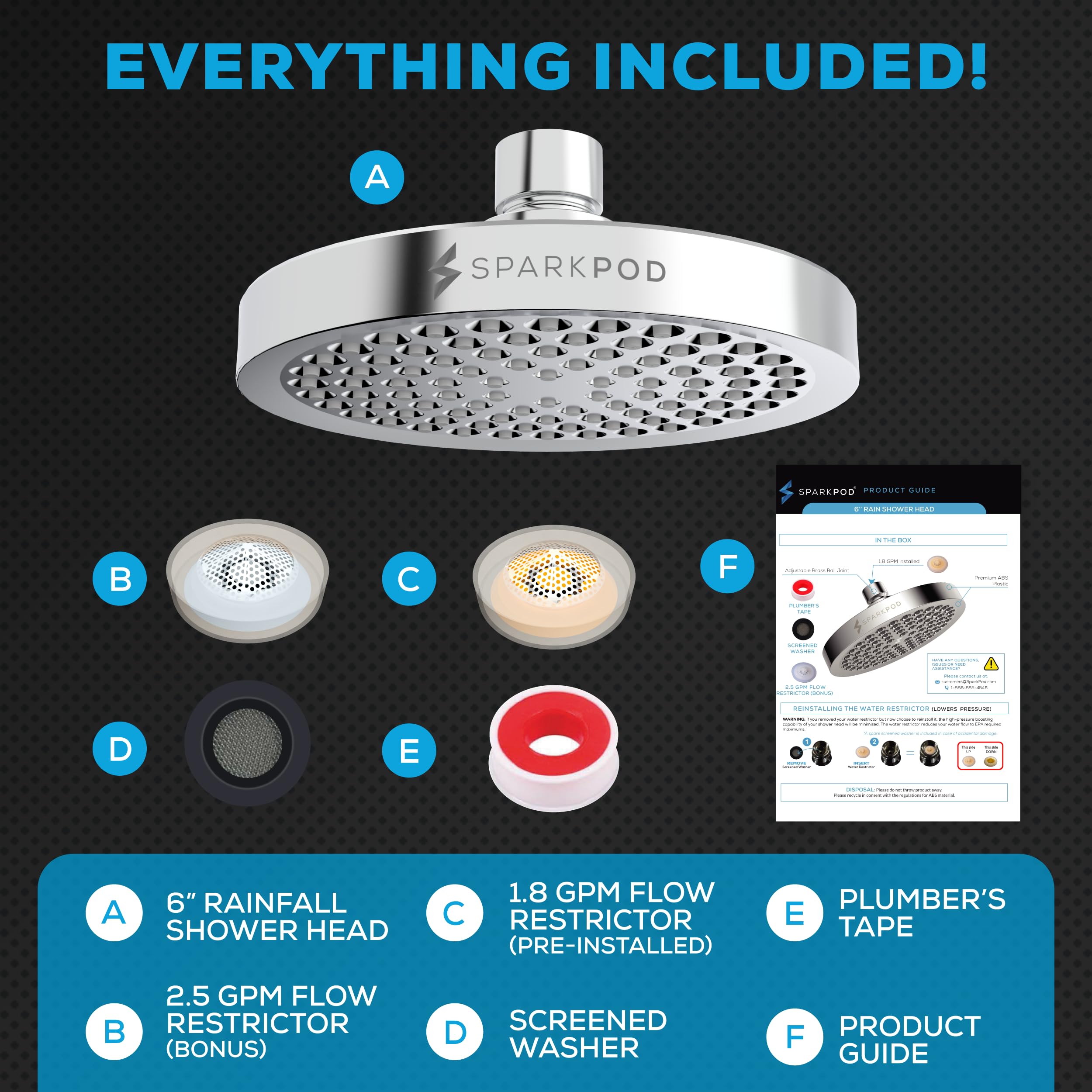 SparkPod Shower Head - High Pressure Rain - Premium Quality Luxury Design - 1-Min Install - Easy Clean Adjustable Replacement for Your Bathroom Shower Heads (Luxury Polished Chrome, 6 Inch Round) 🍁 All In One Marketplace Canada