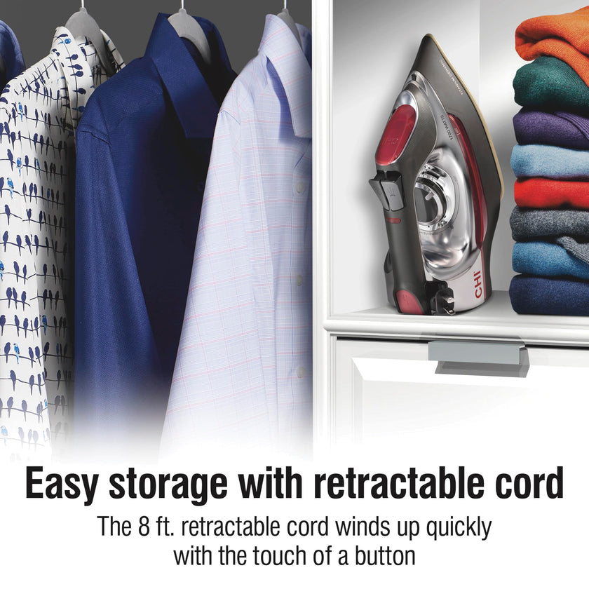 CHI Steam Iron for Clothes with 8’ Retractable Cord, 1700 Watts, 3-Way Auto Shutoff, 400+ Holes, Professional Grade, Temperature Control Dial, Titanium Infused Ceramic Soleplate, Silver (13106) 🍁 All In One Marketplace Canada