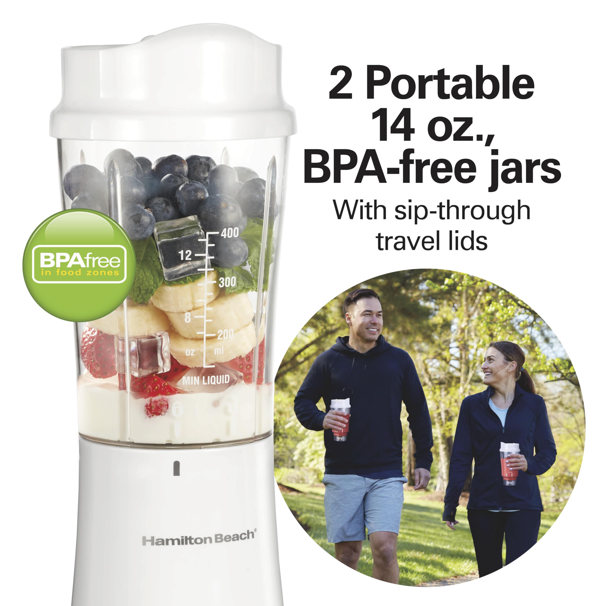 Hamilton Beach Personal Blender for Smoothies & Protein Shakes, Portable Single Serve Blender with 2 Travel Jars & Lids, 14 oz BPA-Free Cups, Stainless Steel Blades, 300W, White, 51102G 🍁 All In One Marketplace Canada