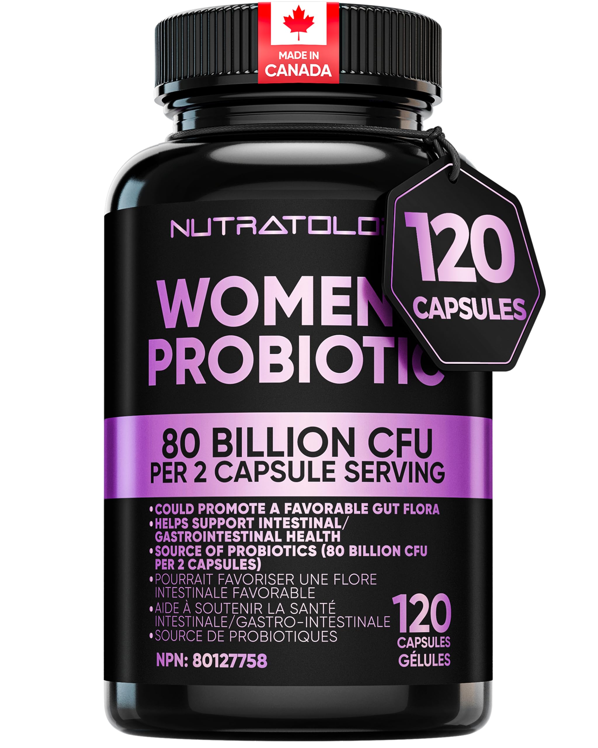 Nutratology® Probiotics for Women | Canadian-Made | 40 Billion CFUs Per Capsule | 80 Billion CFUs Per Serving - Bloating Relief & Digestion - 4 Strains of Women's Probiotic for Gut Health -120 Count 🍁 All In One Marketplace Canada