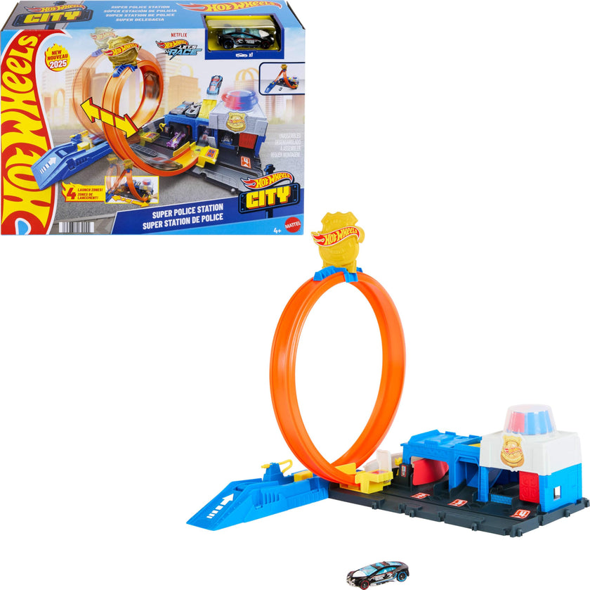 Hot Wheels Toy Car Track Set, Super Police Station Playset with 1:64 Scale Die-Cast Vehicle, Adjustable Loop for Multiple Ways to Race & Stunt 🍁 All In One Marketplace Canada