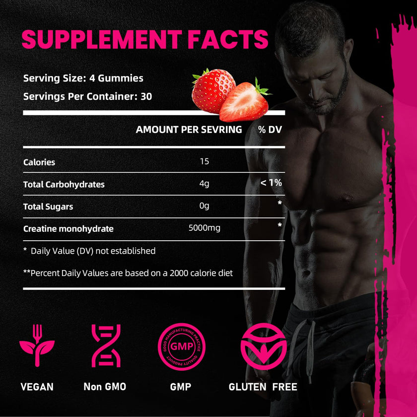 Creatine Monohydrate Gummies 5000mg for Men & Women, Gomitas de Creatina 5g Creatine Monohydrate, 0g Sugar Creatine Pre-Workout for Muscle Strength, Vegan, 120 Count Strawberry (Pack of 1) 🍁 All In One Marketplace Canada