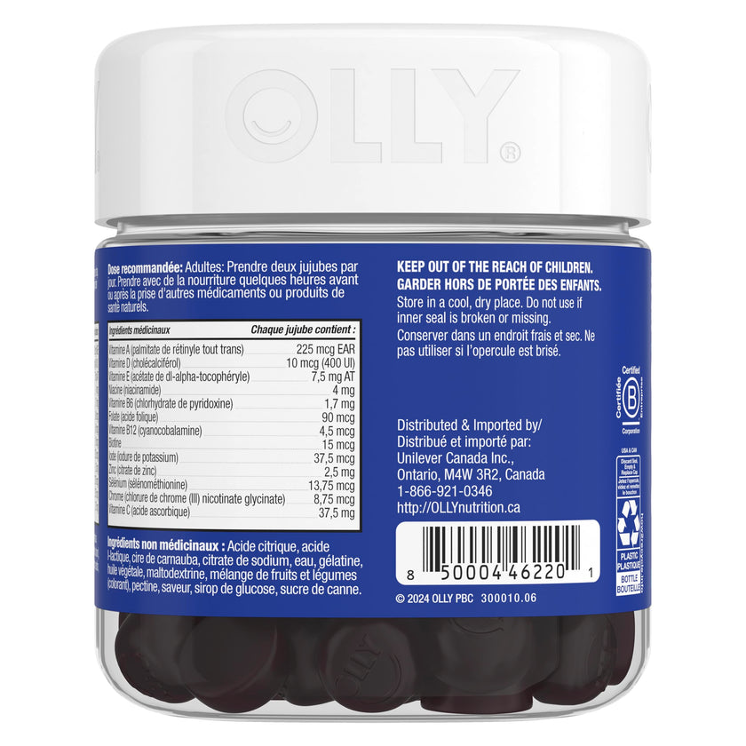 OLLY Men's Multi Gummy Supplement with no artificial flavours and colours Blackberry Blitz multivitamin to help support men's health 45 day supply 90 gummies 🍁 All In One Marketplace Canada