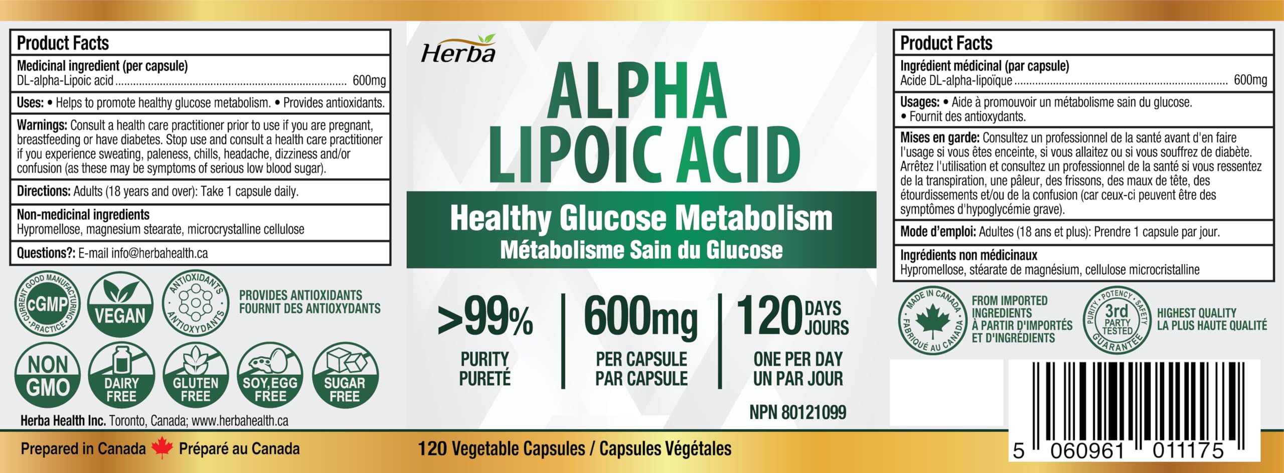 Herba Alpha Lipoic Acid 600mg – 120 Capsules | >99% Ultra Pure | Made in Canada | Blood Sugar Support Supplement 🍁 All In One Marketplace Canada