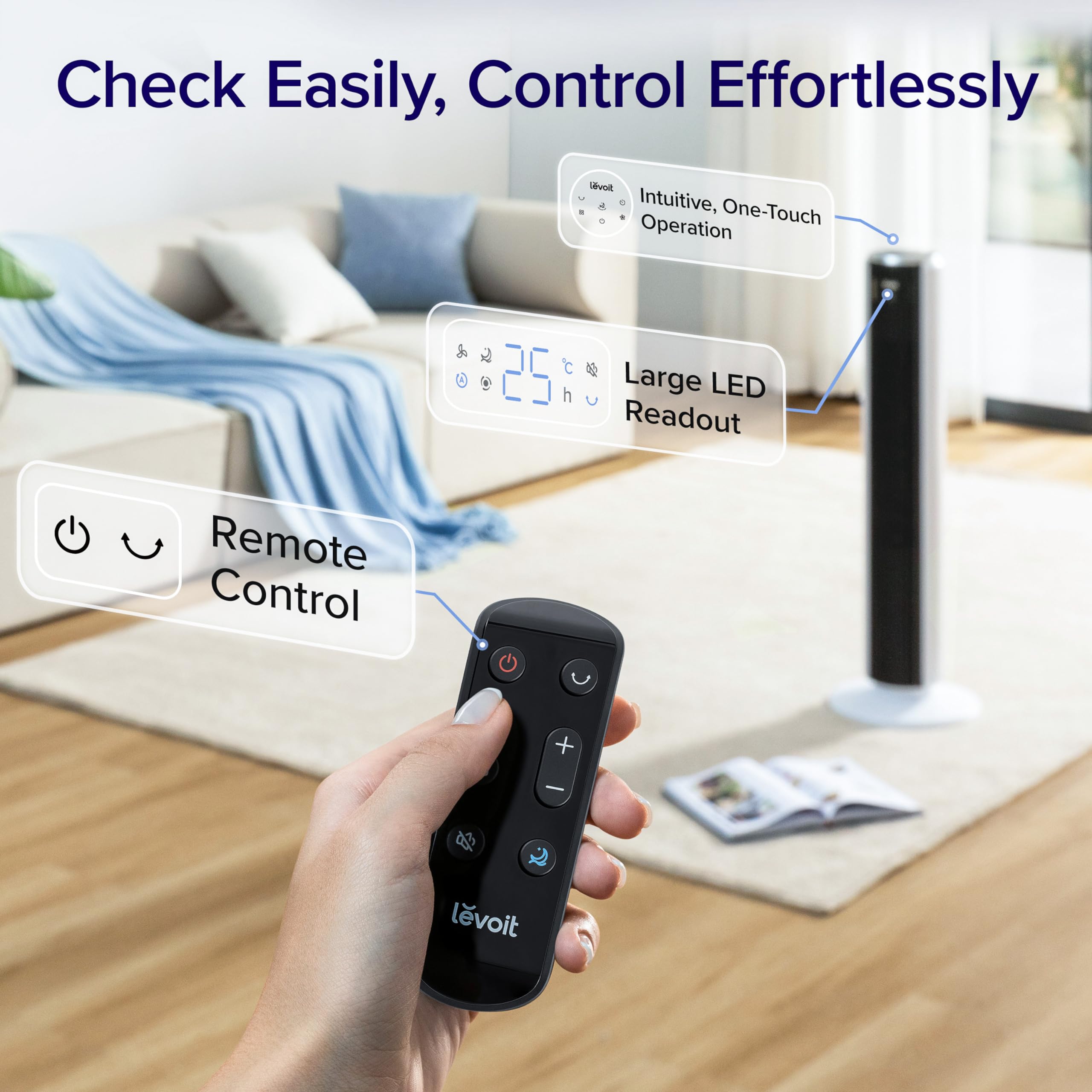 Levoit 25dB Tower Fan for Bedroom, 26ft/s Velocity Standing Fan, 90° Oscillating Cooling Fans for Home, 12 Speeds, LED Display, 4 Modes, 12H Timer, Bladeless, Remote Control, 36 inch 🍁 All In One Marketplace Canada