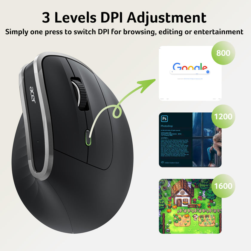 Acer Wireless Ergonomic Mouse, Rechargeable Vertical Mouse, 3 Adjustable DPI 1600/1200/1000, Ergo Mice, 2.4GHz Computer Mouse with 6 Buttons, 2.4GHz USB Receiver for Laptop, PC, Desktop 🍁 All In One Marketplace Canada