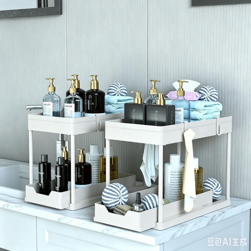 DEKAVA Under Sink Organizer 2 Pack, Bathroom Organizes, 2 Tier Sliding Cabinet Basket Organizer Drawer, Multi-Purpose Bath Collection Baskets for Bathroom (White) 🍁 All In One Marketplace Canada