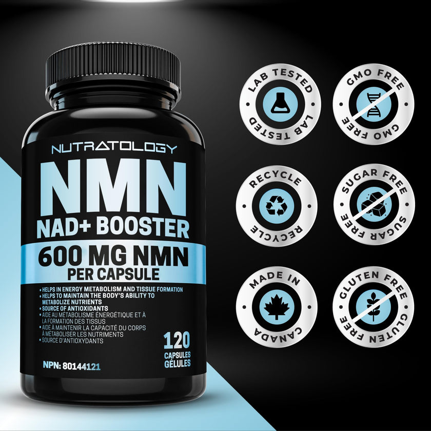 Nutratology® NMN Supplement - 1200 mg Per Serving - NAD+ Booster - Made In Canada - Premium 99% Purity - Protects Cellular Health & Supports Healthy Aging - 120 Capsules 🍁 All In One Marketplace Canada