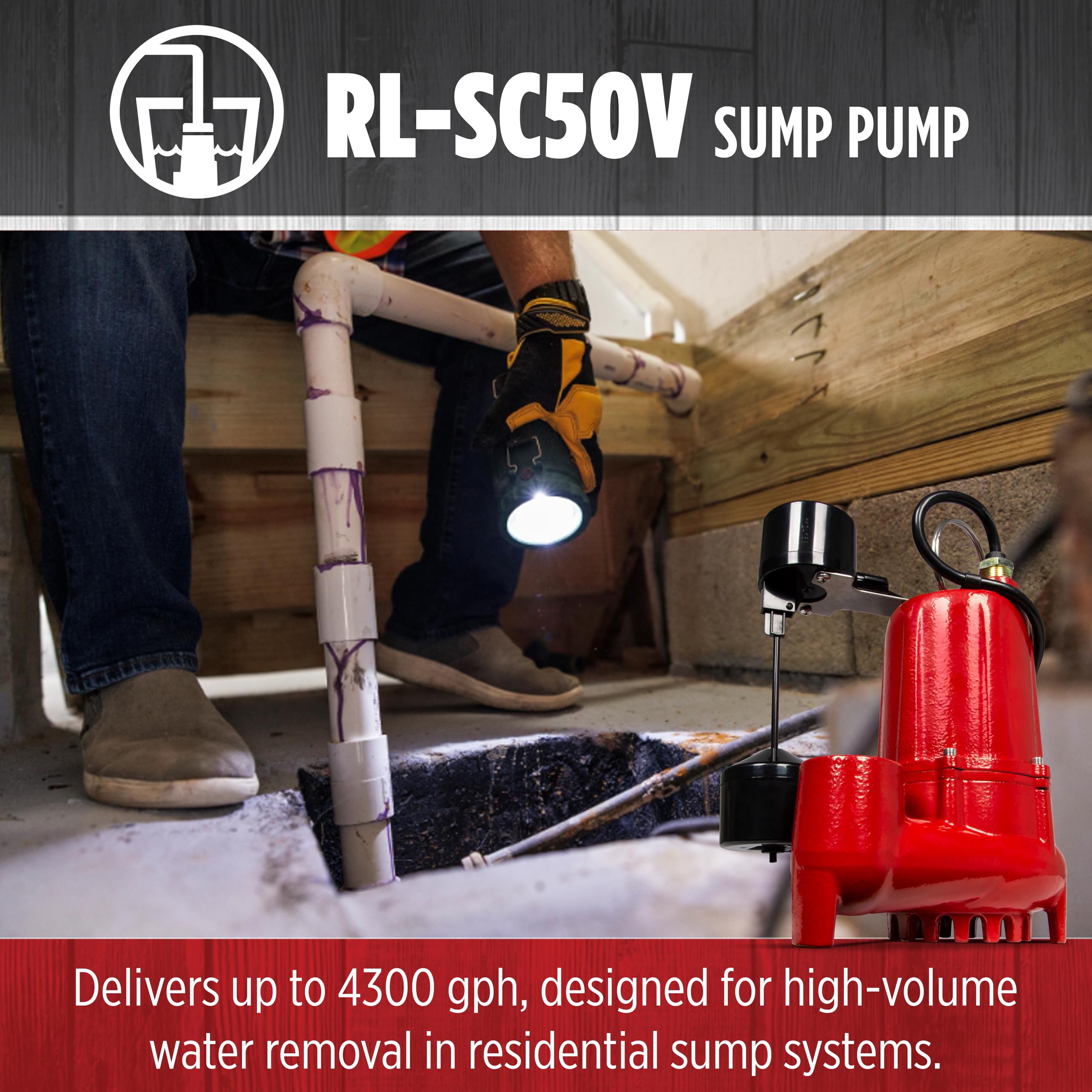 Red Lion RL-SC50V 115-Volt, 1/2 HP, 4300 GPH Cast Iron Sump Pump with Vertical Switch, 10-Ft. Cord, Red, 14942747 🍁 All In One Marketplace Canada