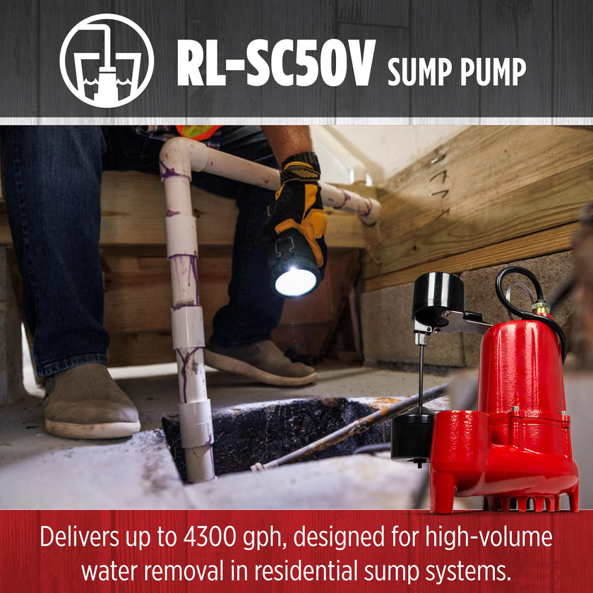 Red Lion RL-SC50V 115-Volt, 1/2 HP, 4300 GPH Cast Iron Sump Pump with Vertical Switch, 10-Ft. Cord, Red, 14942747 🍁 All In One Marketplace Canada