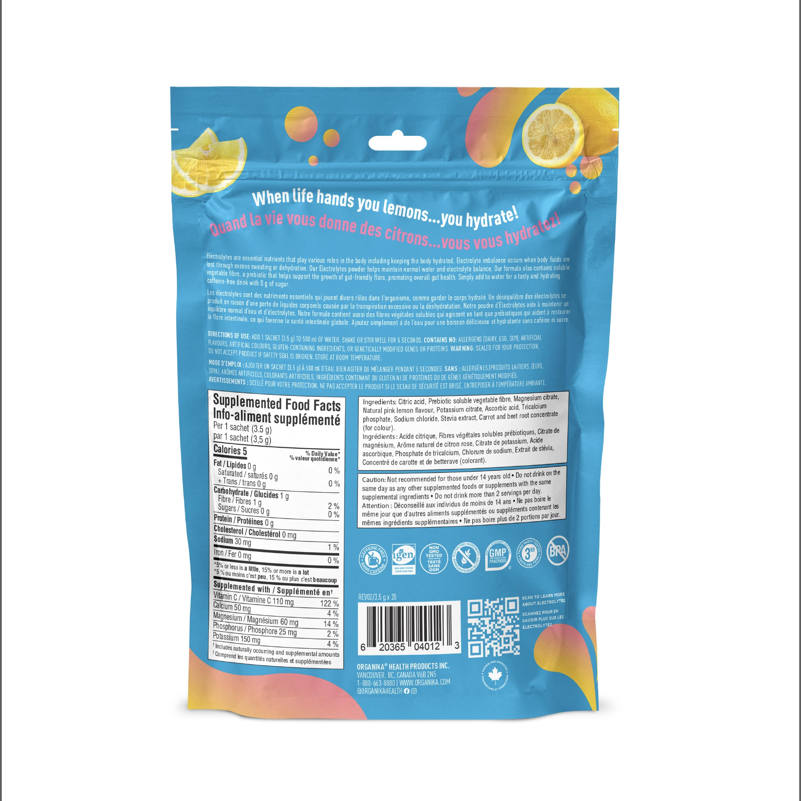 Organika Canadian-Made Electrolytes Powder with Vitamin C & Prebiotic Fibre - Sugar-Free Hydration Drink Mix - Pink Lemonade - 20 Single-Serve Sachets x 3.5g 🍁 All In One Marketplace Canada