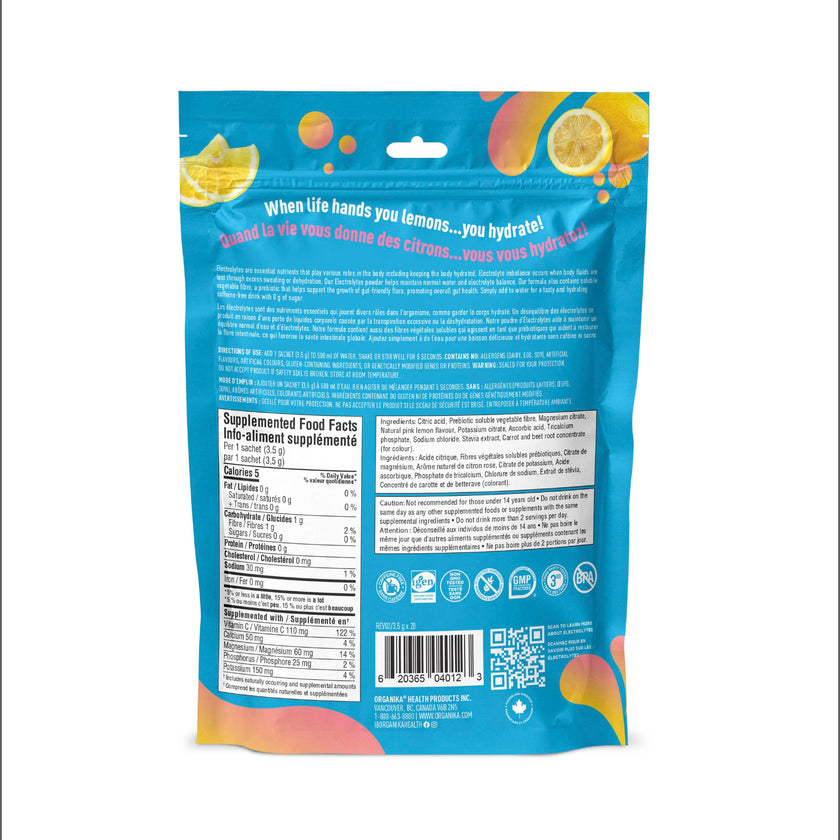 Organika Canadian-Made Electrolytes Powder with Vitamin C & Prebiotic Fibre - Sugar-Free Hydration Drink Mix - Pink Lemonade - 20 Single-Serve Sachets x 3.5g 🍁 All In One Marketplace Canada