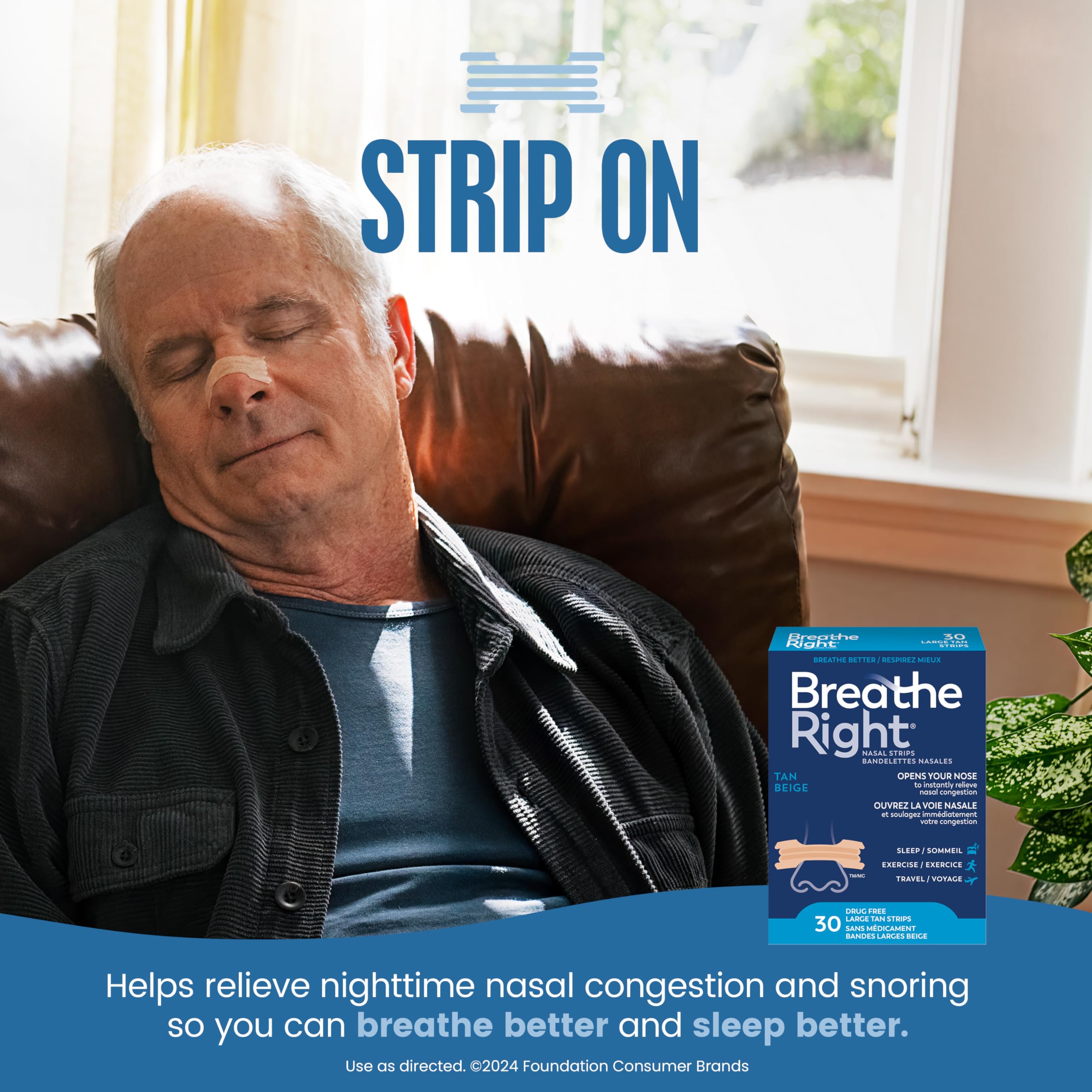 Breathe Right Nasal Strips, Original Large, Tan, Drug-Free Snoring Solution & Nasal Congestion Relief Caused by Colds & Allergies, Nightly Sleep, 30 Count 🍁 All In One Marketplace Canada