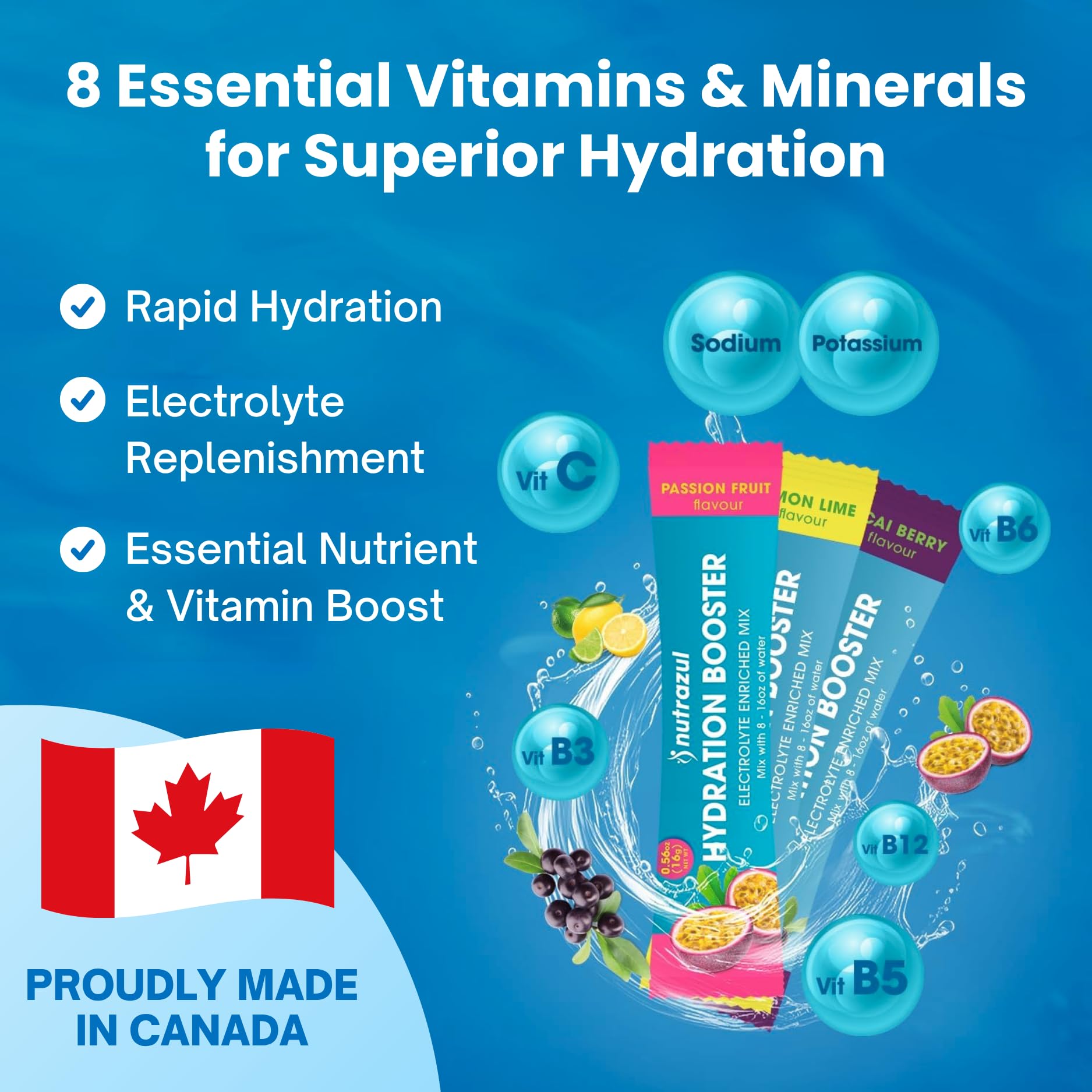 Nutrazul Hydration Booster, Electrolytes Powder Sticks with Sodium, Potassium, Vitamin B6 & B12, No Artificial Sweeteners, Acai Berry, Lemon Lime, Passion Fruit Flavour, 30 Sticks 🍁 All In One Marketplace Canada