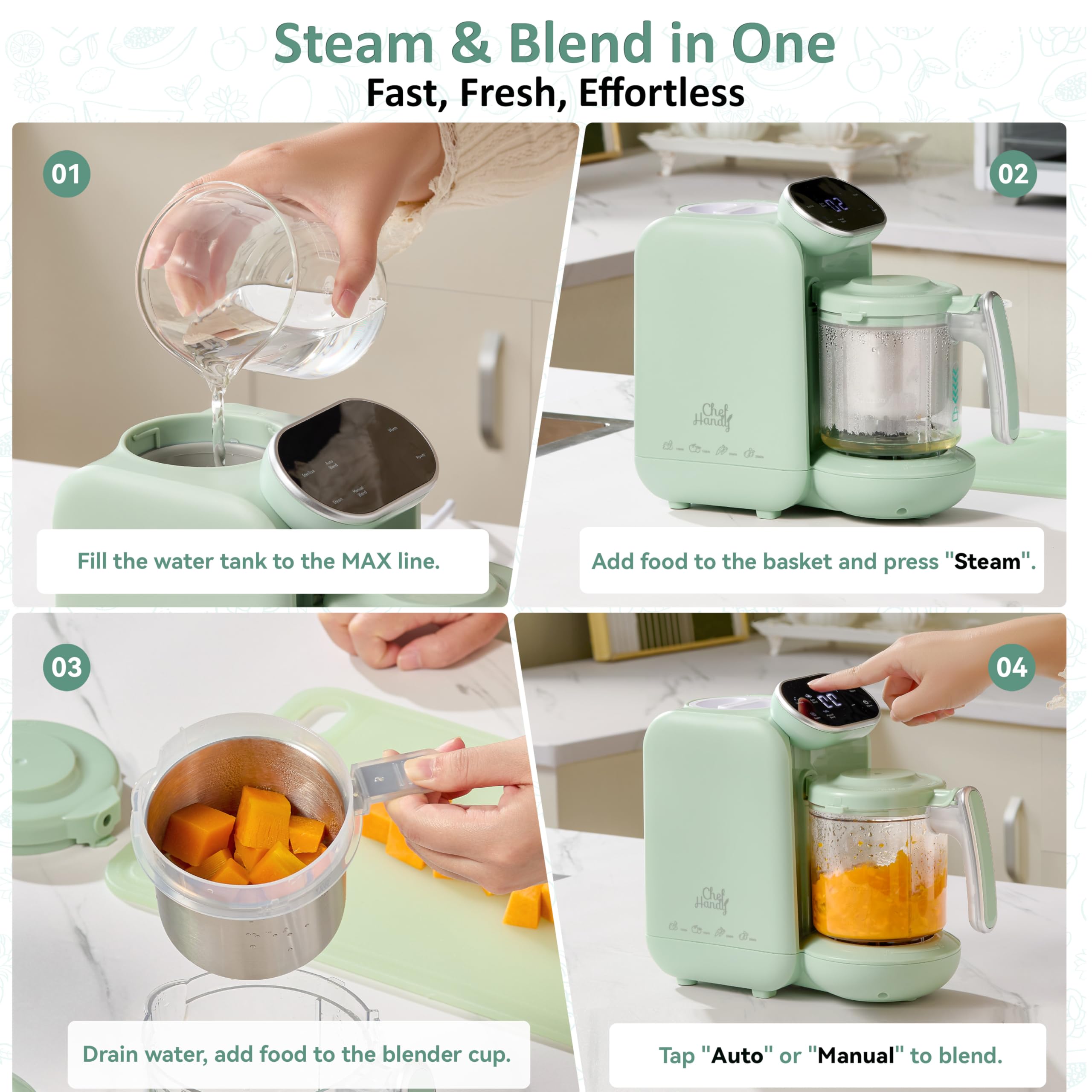 Chefhandy Baby Food Maker with Stainless Steel Steam Basket, 5-in-1 Baby Food Processor, Steamer & Blender, Auto Cooking, Pureeing, Reheating & Steam Cleaning, BPA-Free, 6 Reusable Pouches, Green 🍁 All In One Marketplace Canada
