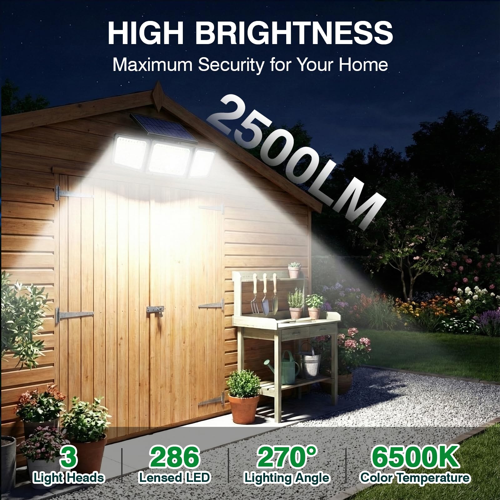 Solar Motion Sensor Light Outdoor, 2500LM 286 LED Solar Outdoor Lights with Power Display & Mode Indicators - 6500K Adjustable 3-Head Flood Light, IP65 Waterproof for Garden, Garage, Yard - 2 Pack 🍁 All In One Marketplace Canada