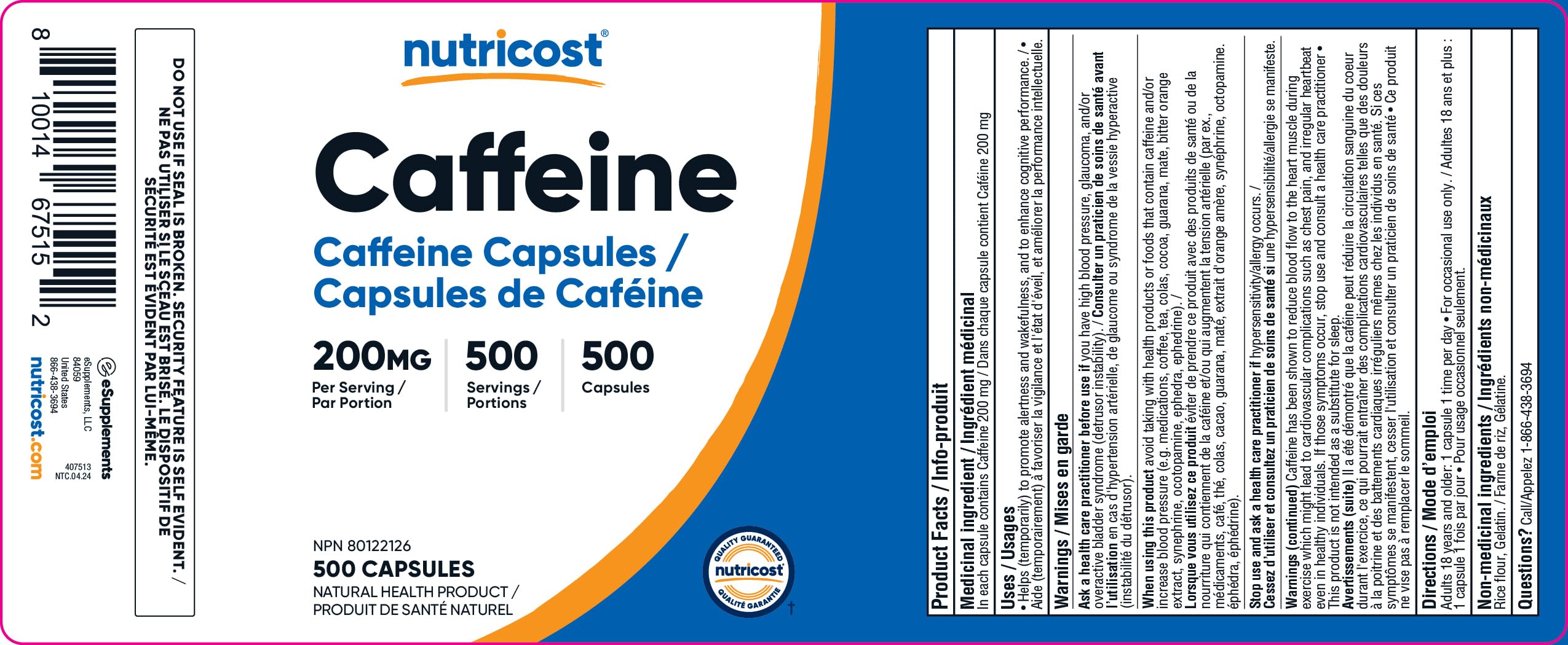 Nutricost Caffeine Pills (200mg) 500 Capsules 🍁 All In One Marketplace Canada