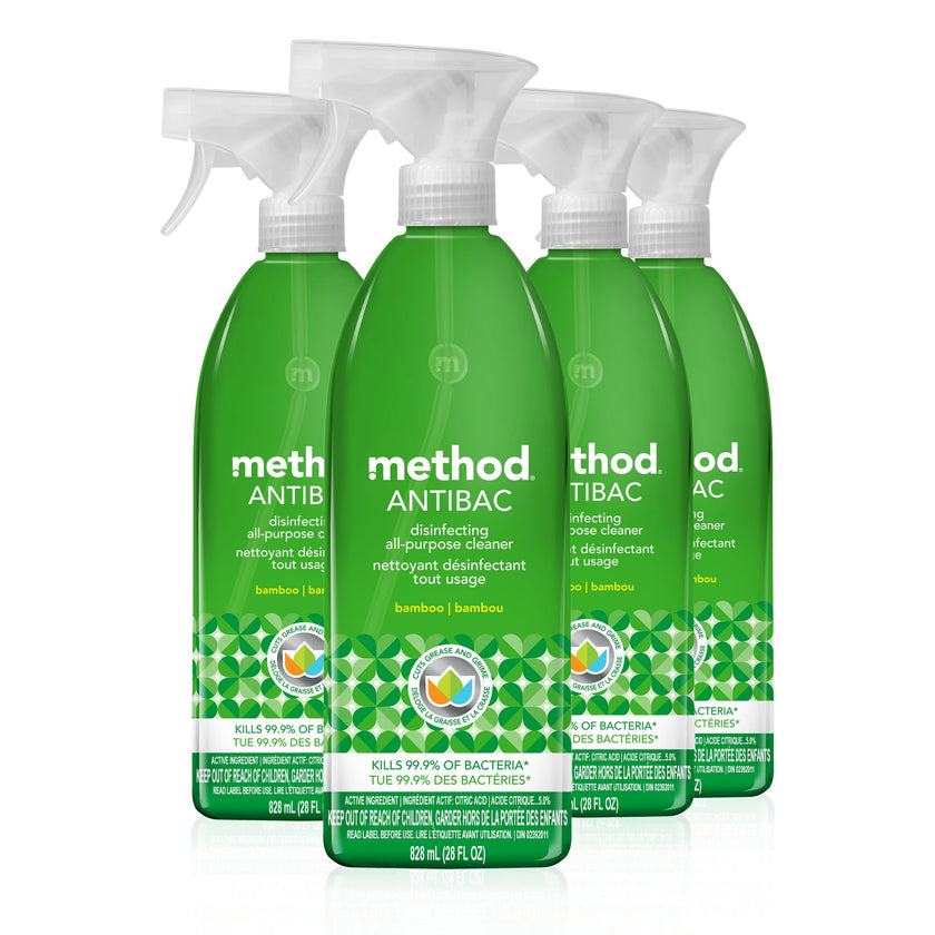 Method Antibacterial All-Purpose Cleaner Spray, Disinfectant Spray Perfect for Most Counters, Tiles, Stone, and Surfaces, Kitchen and Home Essentials, Bamboo Scent, 828 mL Spray Bottles, 4 Pack, Clear 🍁 All In One Marketplace Canada