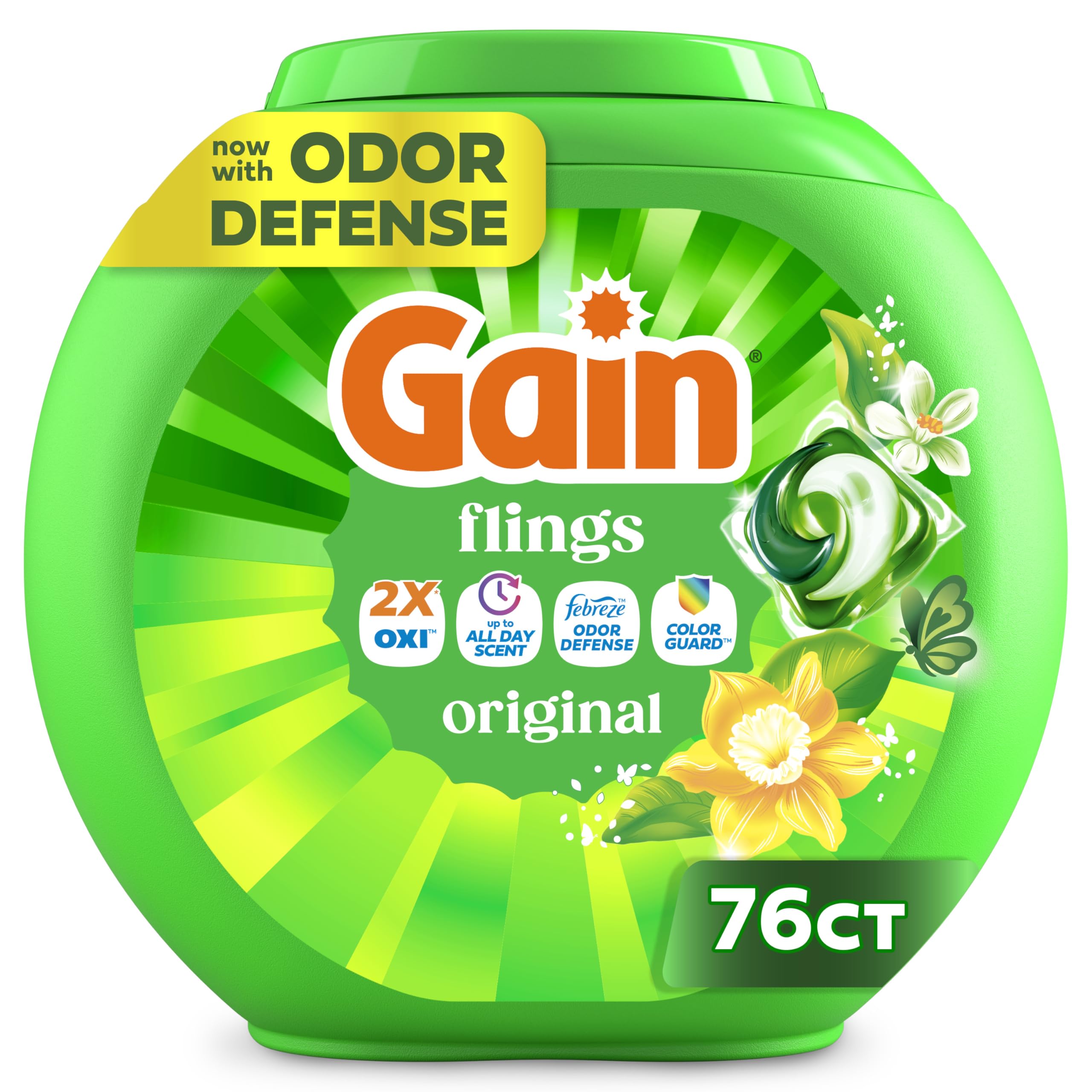 Gain Flings Laundry Detergent Pacs, 76 Count, Original Scent, with Odor Defense, concentrated laundry soap pacs 🍁 All In One Marketplace Canada