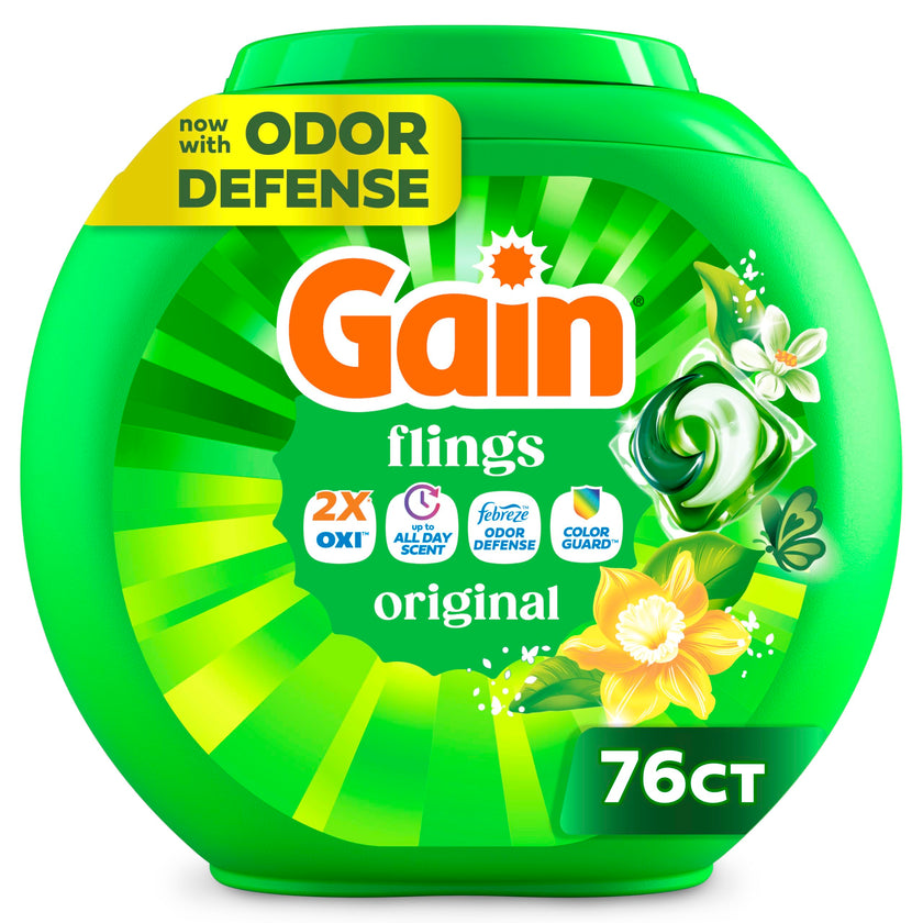 Gain Flings Laundry Detergent Pacs, 76 Count, Original Scent, with Odor Defense, concentrated laundry soap pacs 🍁 All In One Marketplace Canada