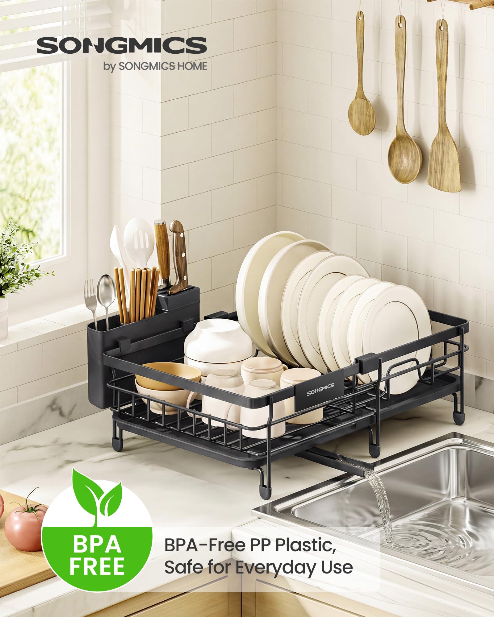 SONGMICS Dish Drainer Rack, Large Extendable Draining Board Rack for Small Spaces, 360° Rotating Extendable Spout, Kitchen Sink Drainer, Steel, 46.5 x 29.6 x 14 cm, Ink Black KCS556BH01 🍁 All In One Marketplace Canada