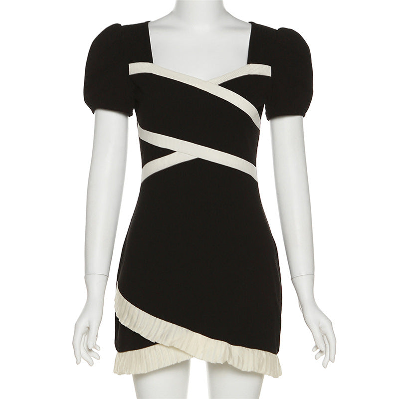 Women's Solid Color Slim High Waist Lace Square Collar Dress – A-Line Summer Dress