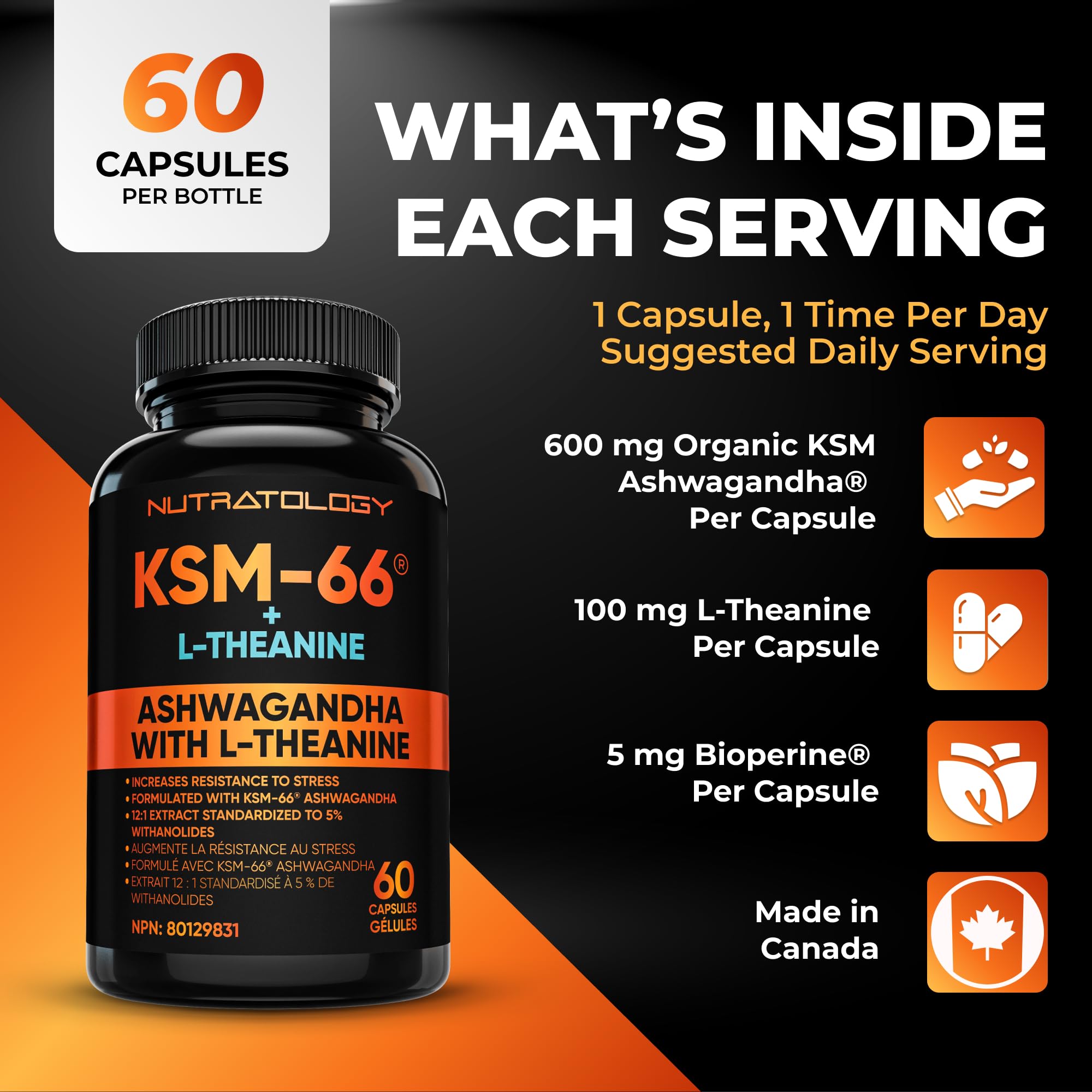 Nutratology® Ashwagandha KSM-66 7200MG + L-Theanine 100MG - Made In Canada | Stress Relief Supplements - Relaxation & Mood Support - Formulated With Bioperine For Enhanced Absorption - 60 Capsules 🍁 All In One Marketplace Canada