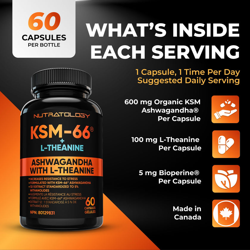 Nutratology® Ashwagandha KSM-66 7200MG + L-Theanine 100MG - Made In Canada | Stress Relief Supplements - Relaxation & Mood Support - Formulated With Bioperine For Enhanced Absorption - 60 Capsules 🍁 All In One Marketplace Canada