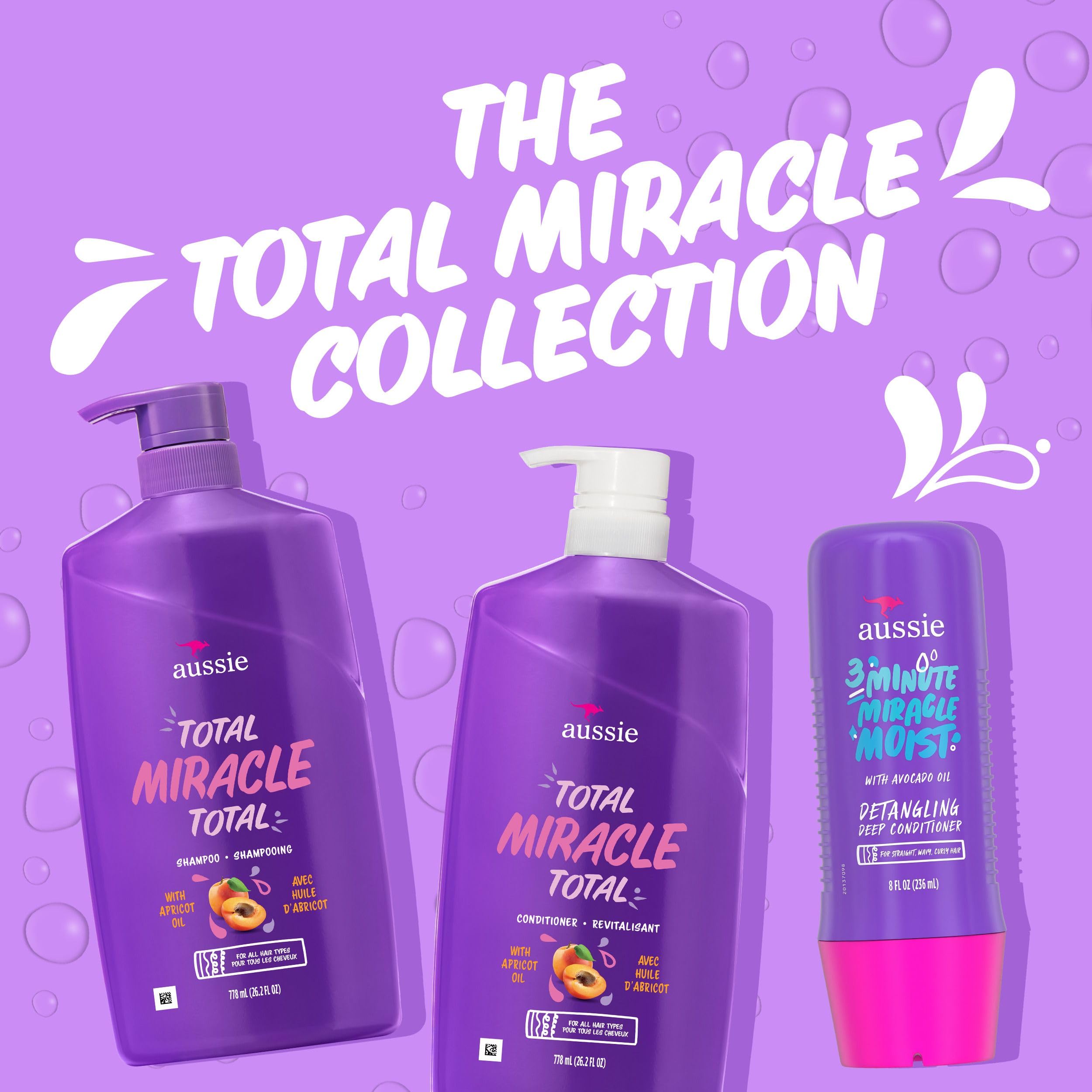 Aussie Total Miracle 3-Piece Set: Shampoo 778 mL, Conditioner 778 mL, 3 Minute Miracle Deep Conditioner Hair Treatment 236 mL, Infused with Apricot and Australian Macadamia Oil, 1.79 L Total 🍁 All In One Marketplace Canada