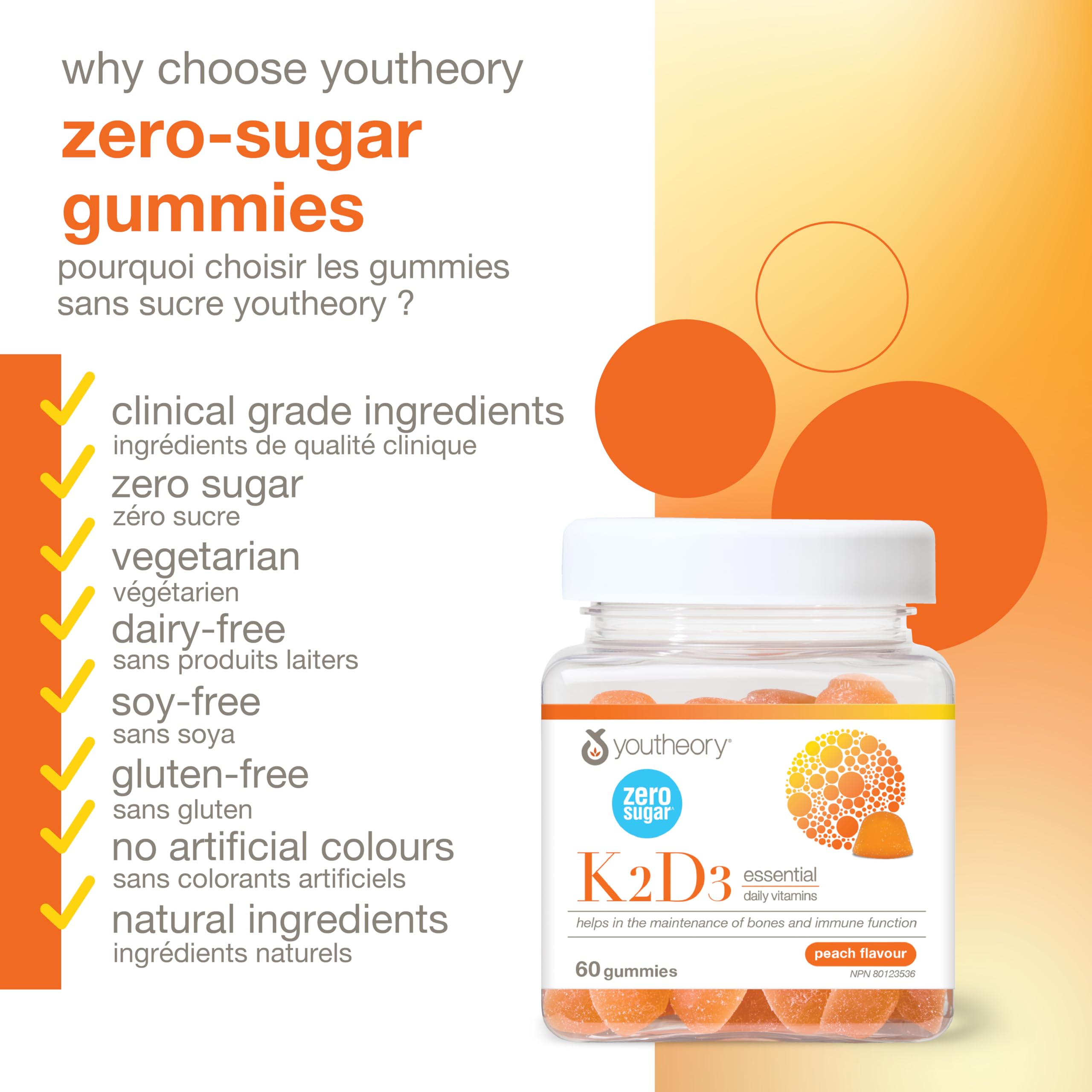Youtheory K2D3 Zero Sugar Gummies, 1000 IU D3 & MK-7 100 mcg K2, Helps Develop & Maintain Bones & Teeth, Peach Flavour, Vegetarian, 60 Gummies 🍁 All In One Marketplace Canada
