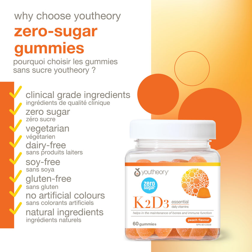 Youtheory K2D3 Zero Sugar Gummies, 1000 IU D3 & MK-7 100 mcg K2, Helps Develop & Maintain Bones & Teeth, Peach Flavour, Vegetarian, 60 Gummies 🍁 All In One Marketplace Canada