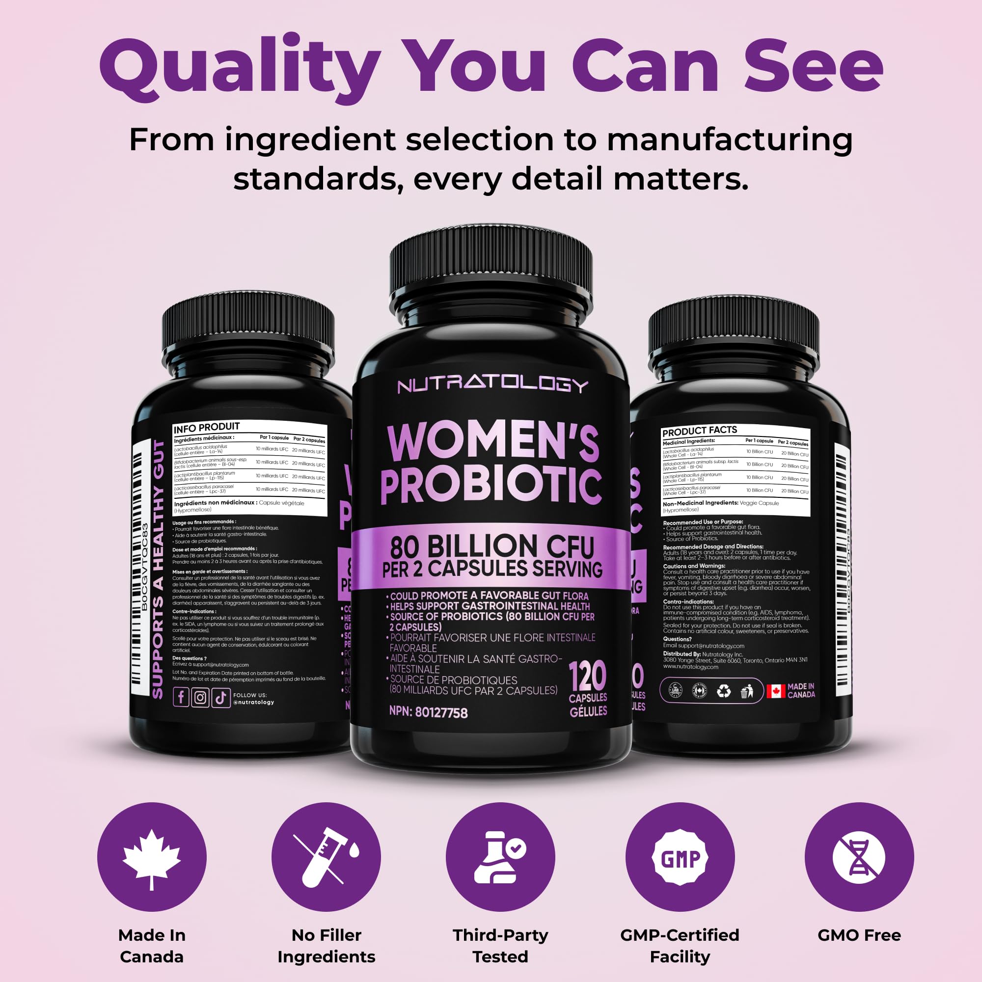 Nutratology® Probiotics for Women | Canadian-Made | 40 Billion CFUs Per Capsule | 80 Billion CFUs Per Serving - Bloating Relief & Digestion - 4 Strains of Women's Probiotic for Gut Health -120 Count 🍁 All In One Marketplace Canada