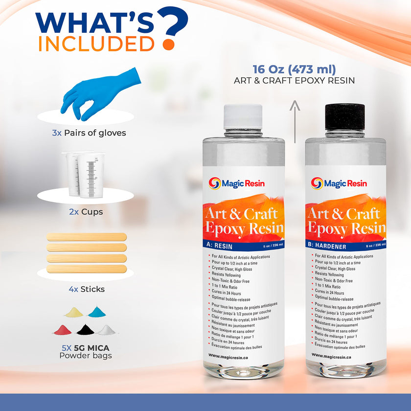 Epoxy Resin Kit for Art & Craft | 16oz (473ml) | UV Resistant | Clear Epoxy Resin | Jewelry, Earrings, Coasters, Casting, Molding, Crafting & more | Includes 2 pairs of gloves, 2 cups, 4 sticks & mica 🍁 All In One Marketplace Canada