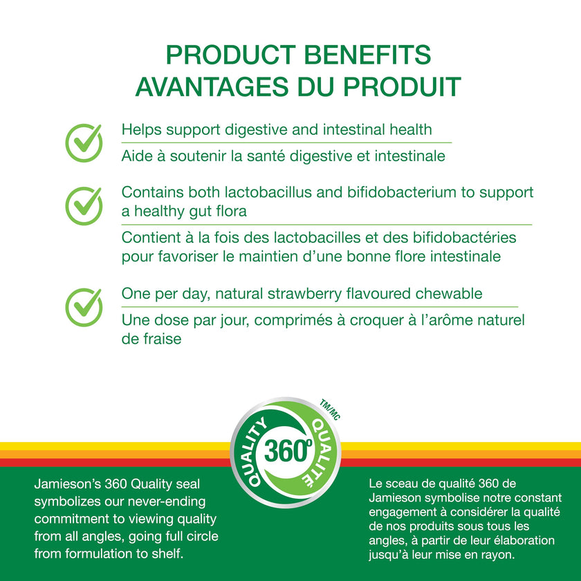 Jamieson Chewable Probiotic 2 Billion Active Cells Natural Strawberry Flavour, Family Friendly (3+), Supports Digestive Health. 5 Unique Strains, Including Lactobacillus and Bifidobacterium, Non-GMO, No Artificial Colours, Flavours, or Preservatives, 60 C