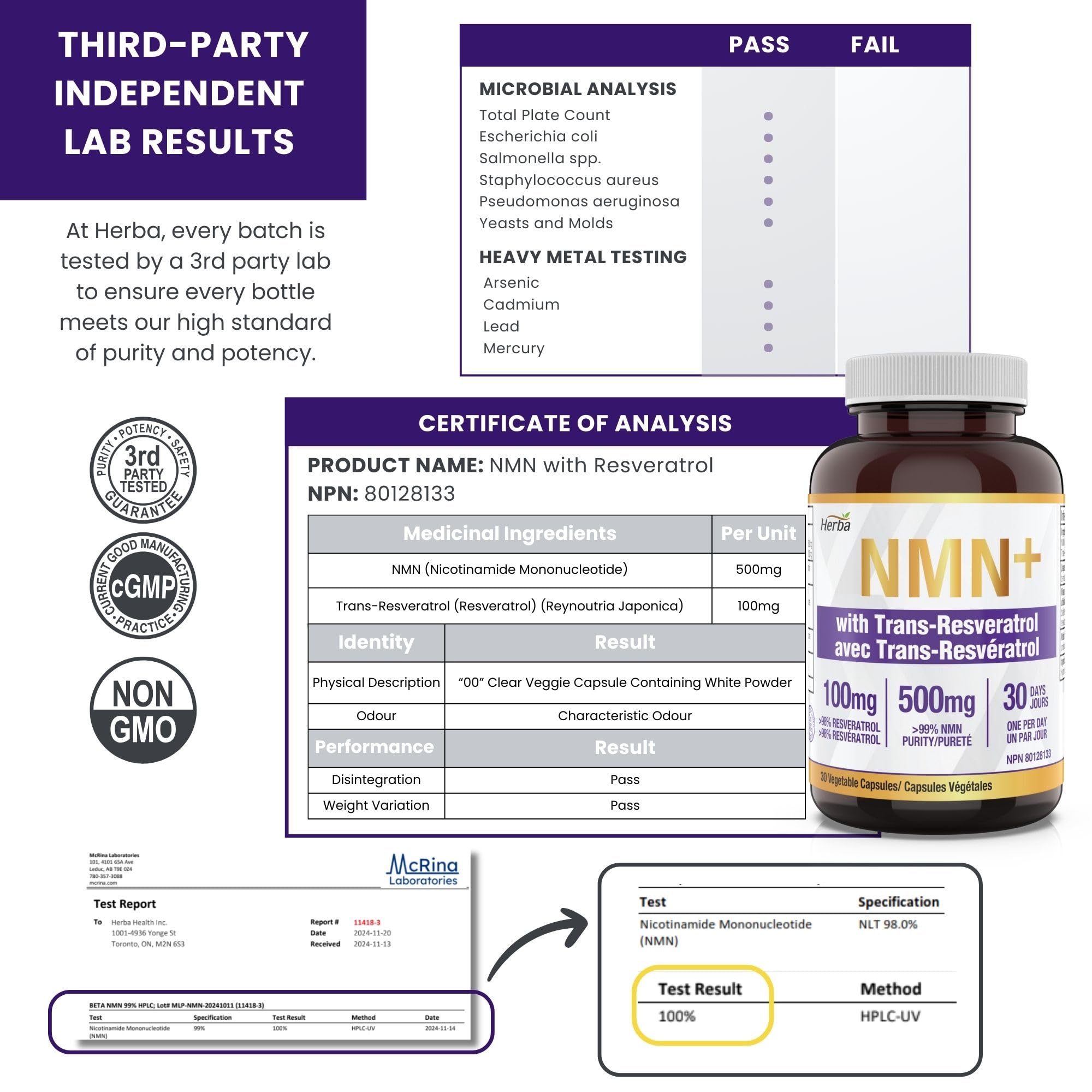 Herba NMN Supplement with Resveratrol – 500mg + 100mg | 100% Purity β-NMN & >99% Resveratrol | NAD Supplement Canada Made | NAD+ Precursor | 30 Capsules 🍁 All In One Marketplace Canada