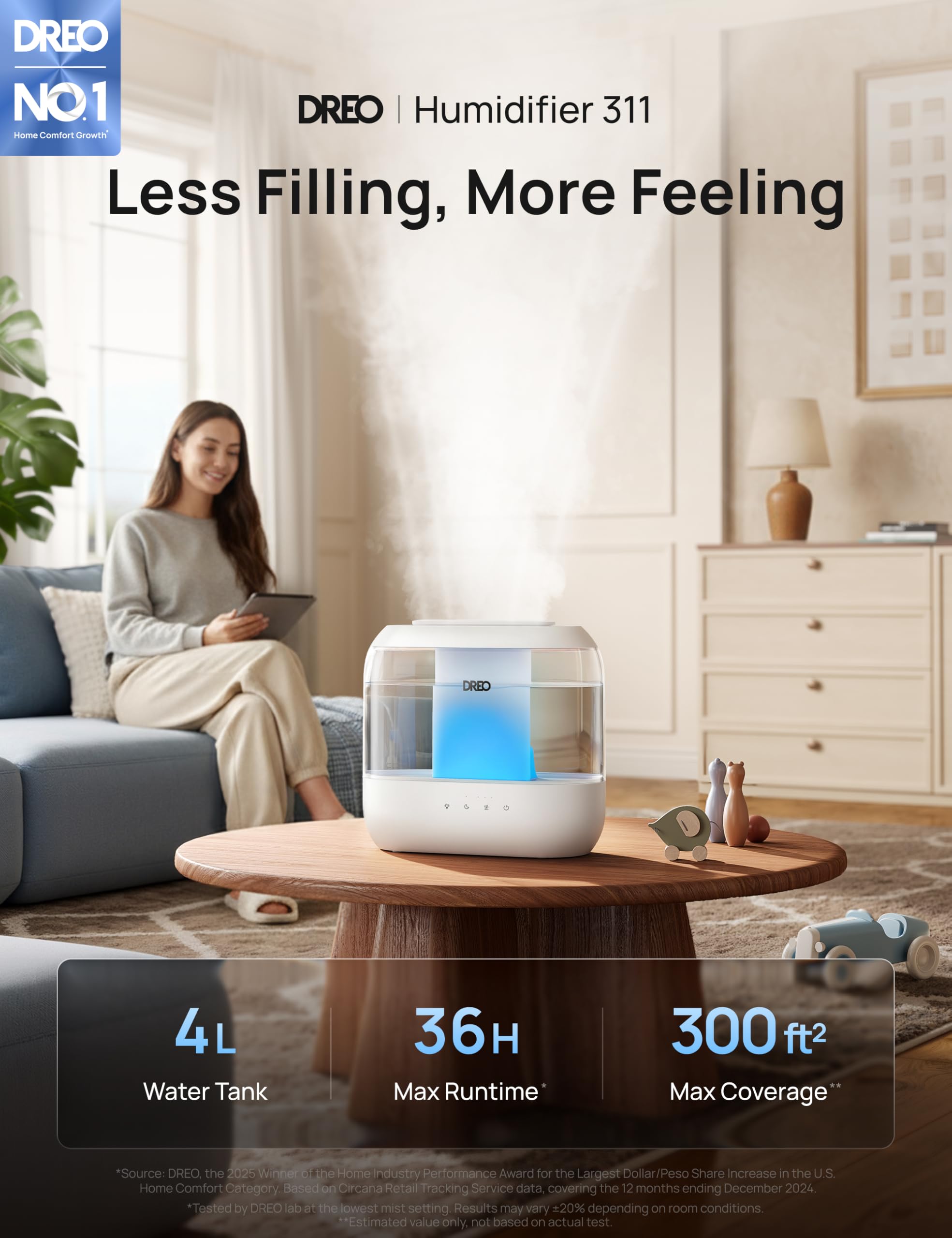 DREO Humidifiers for Bedroom, 4L Top Fill for Large Room, 36H Runtime [Ultra-Strong Mist Output] Quiet Cool Mist Air Humidifier for Baby Nursery, Plants, Indoor, Night Light, Easy to Clean 🍁 All In One Marketplace Canada