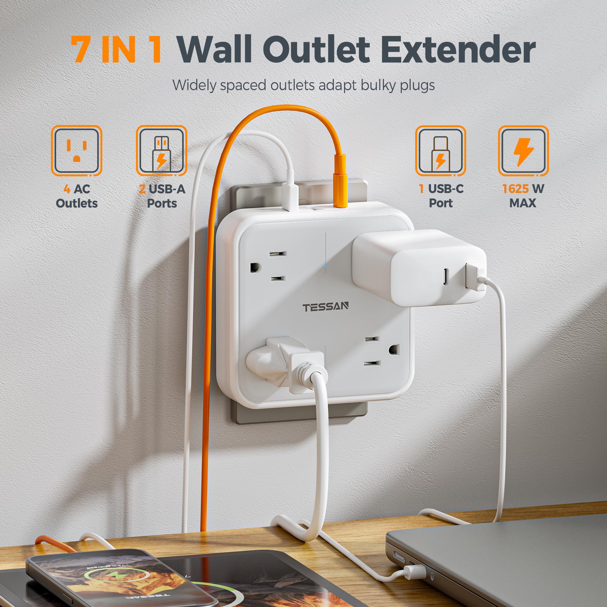 Wall Outlet Extender, TESSAN 4 Multi Plug Outlet Splitter with 1 USB C and 2 USB A Charging Ports, Multiple Plug Extension Block with Surge Protector for Home, Kitchen, Office, Dorm, Gray 🍁 All In One Marketplace Canada