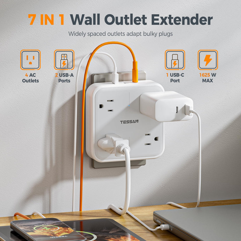 Wall Outlet Extender, TESSAN 4 Multi Plug Outlet Splitter with 1 USB C and 2 USB A Charging Ports, Multiple Plug Extension Block with Surge Protector for Home, Kitchen, Office, Dorm, Gray 🍁 All In One Marketplace Canada